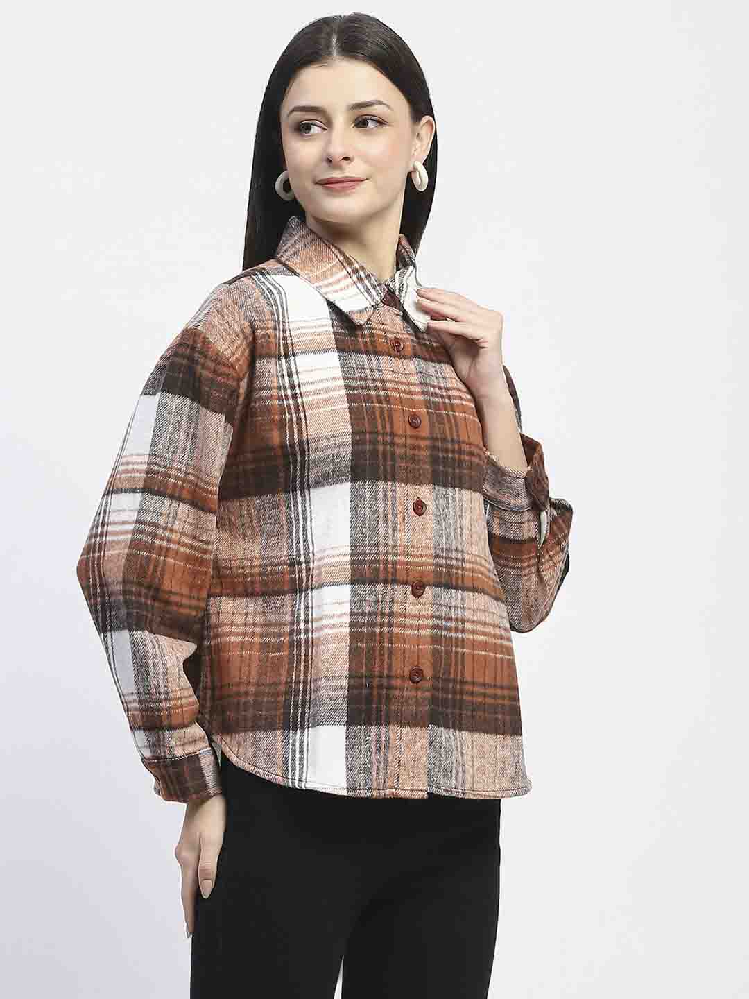 Madame Plaid Pattern Collared Brown Shacket - Image 4