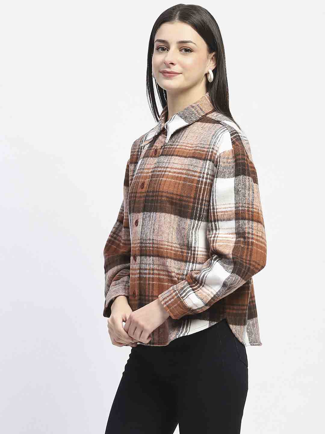 Madame Plaid Pattern Collared Brown Shacket - Image 5