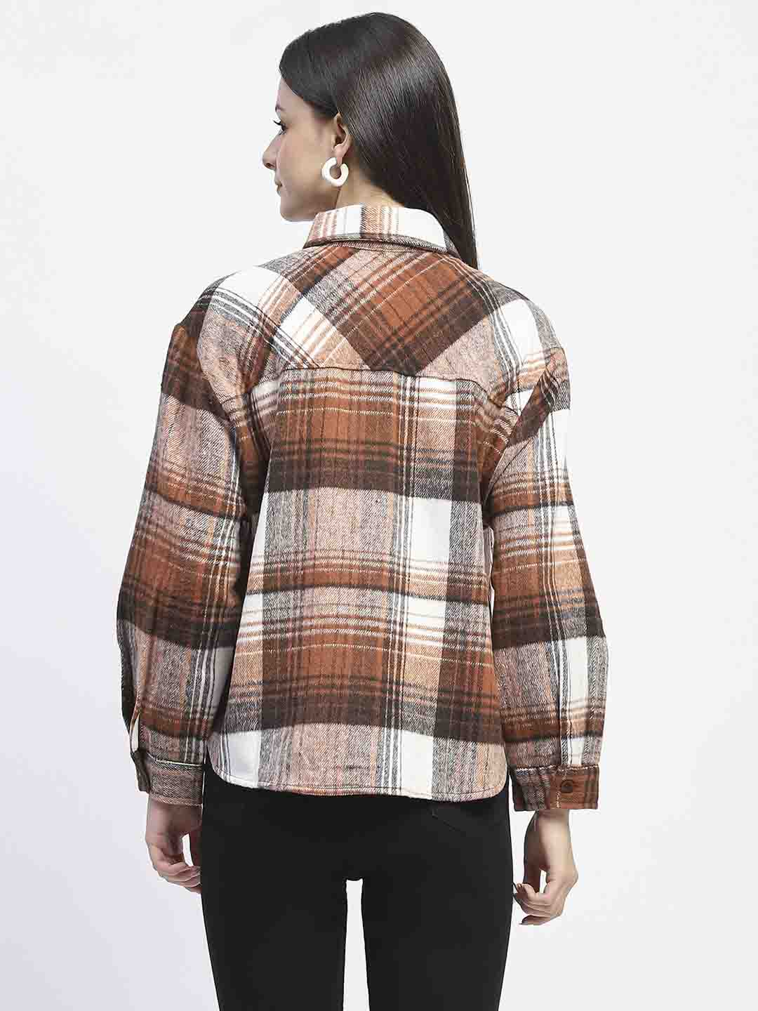 Madame Plaid Pattern Collared Brown Shacket - Image 6