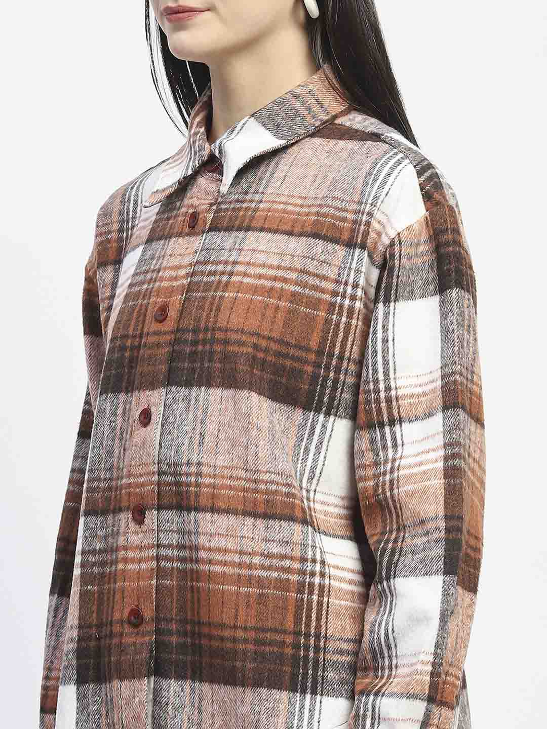 Madame Plaid Pattern Collared Brown Shacket - Image 7