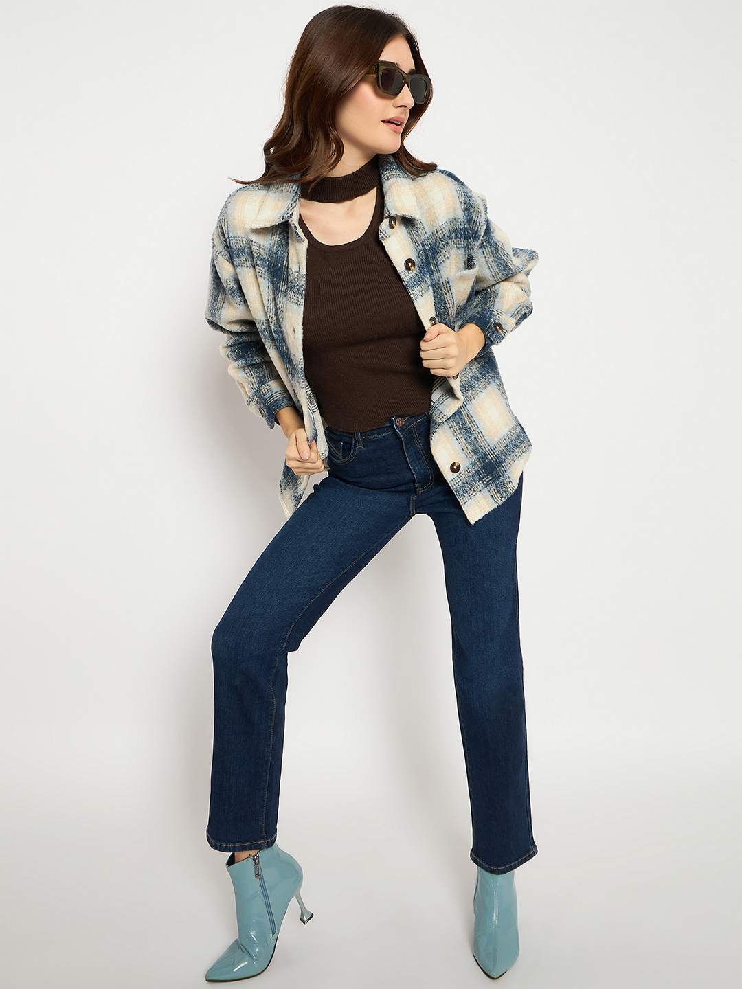Madame Chequered Rounded Hem Collared Blue Shacket - Image 2