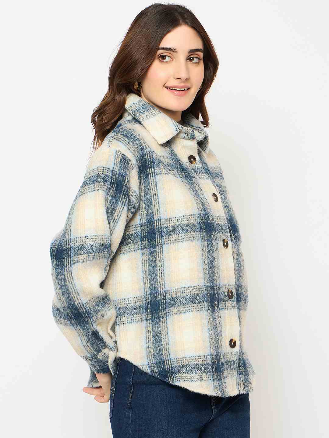 Madame Chequered Rounded Hem Collared Blue Shacket - Image 4