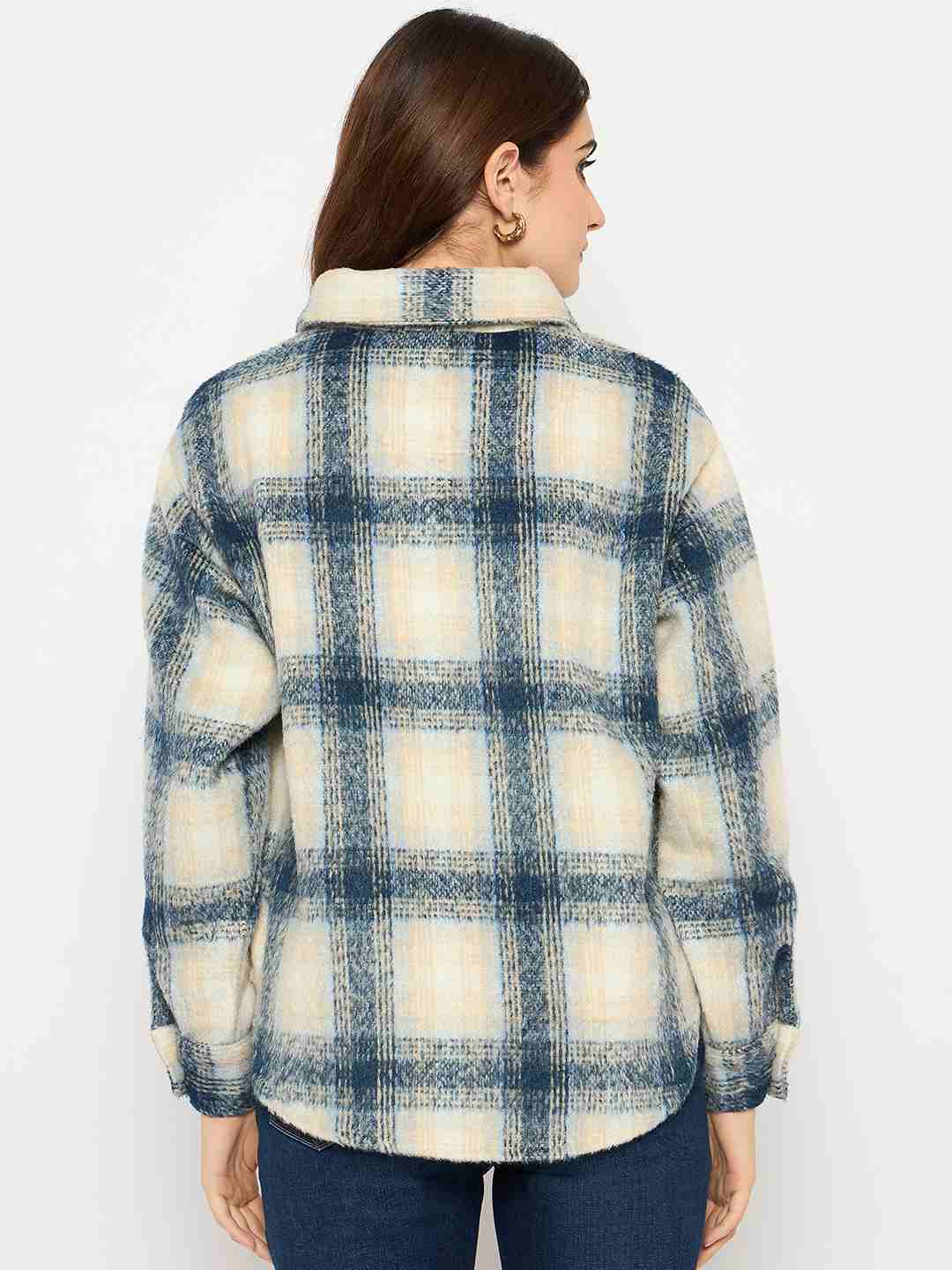 Madame Chequered Rounded Hem Collared Blue Shacket - Image 6