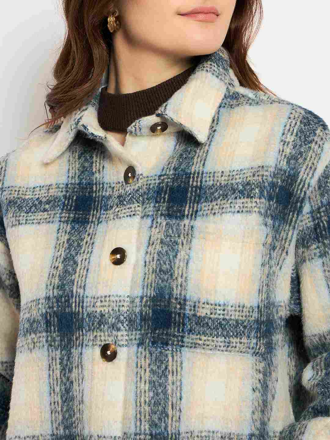 Madame Chequered Rounded Hem Collared Blue Shacket - Image 7