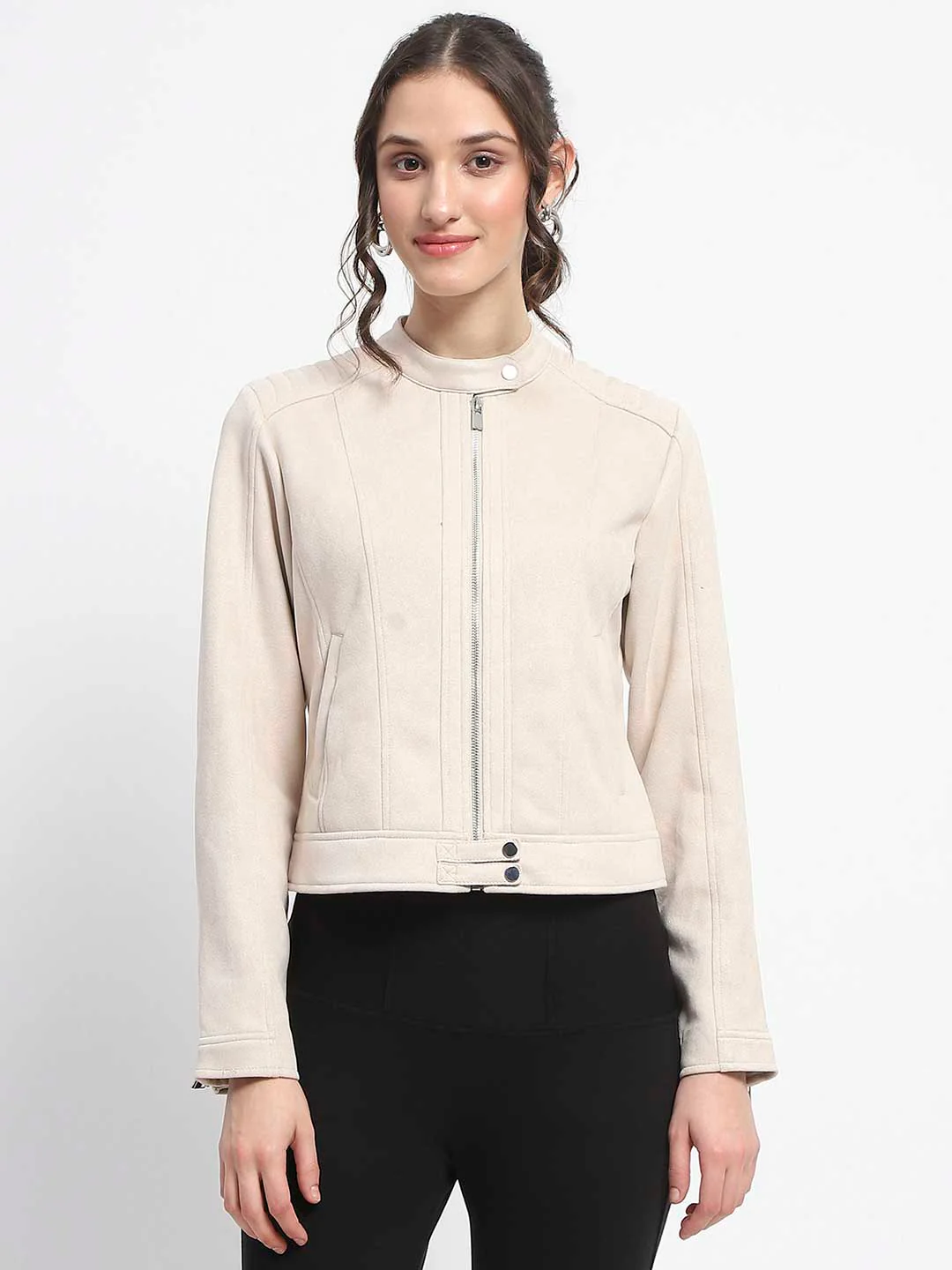 Madame Flap Collared Beige Suede Jacket - Image 3