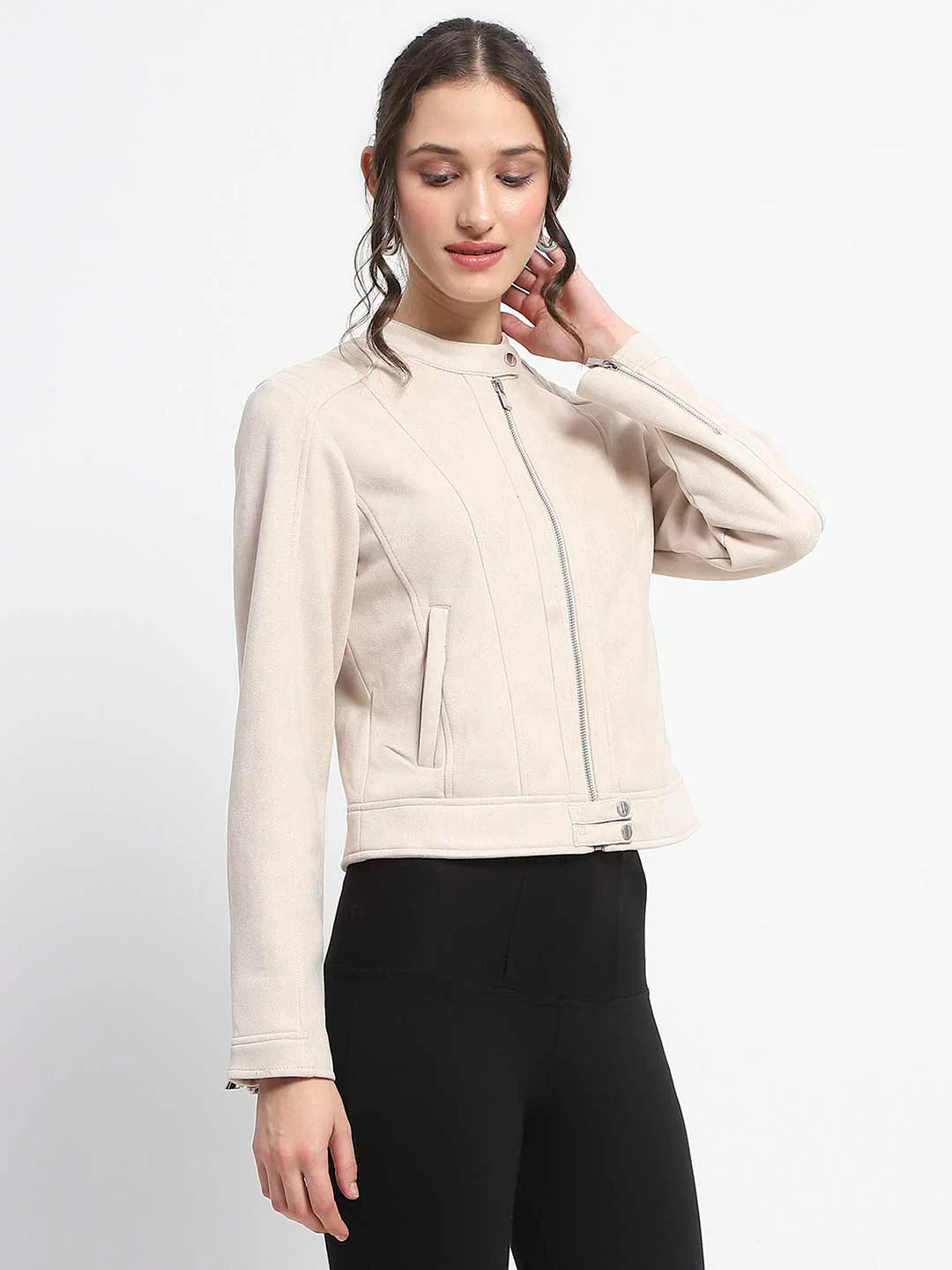 Madame Flap Collared Beige Suede Jacket - Image 4
