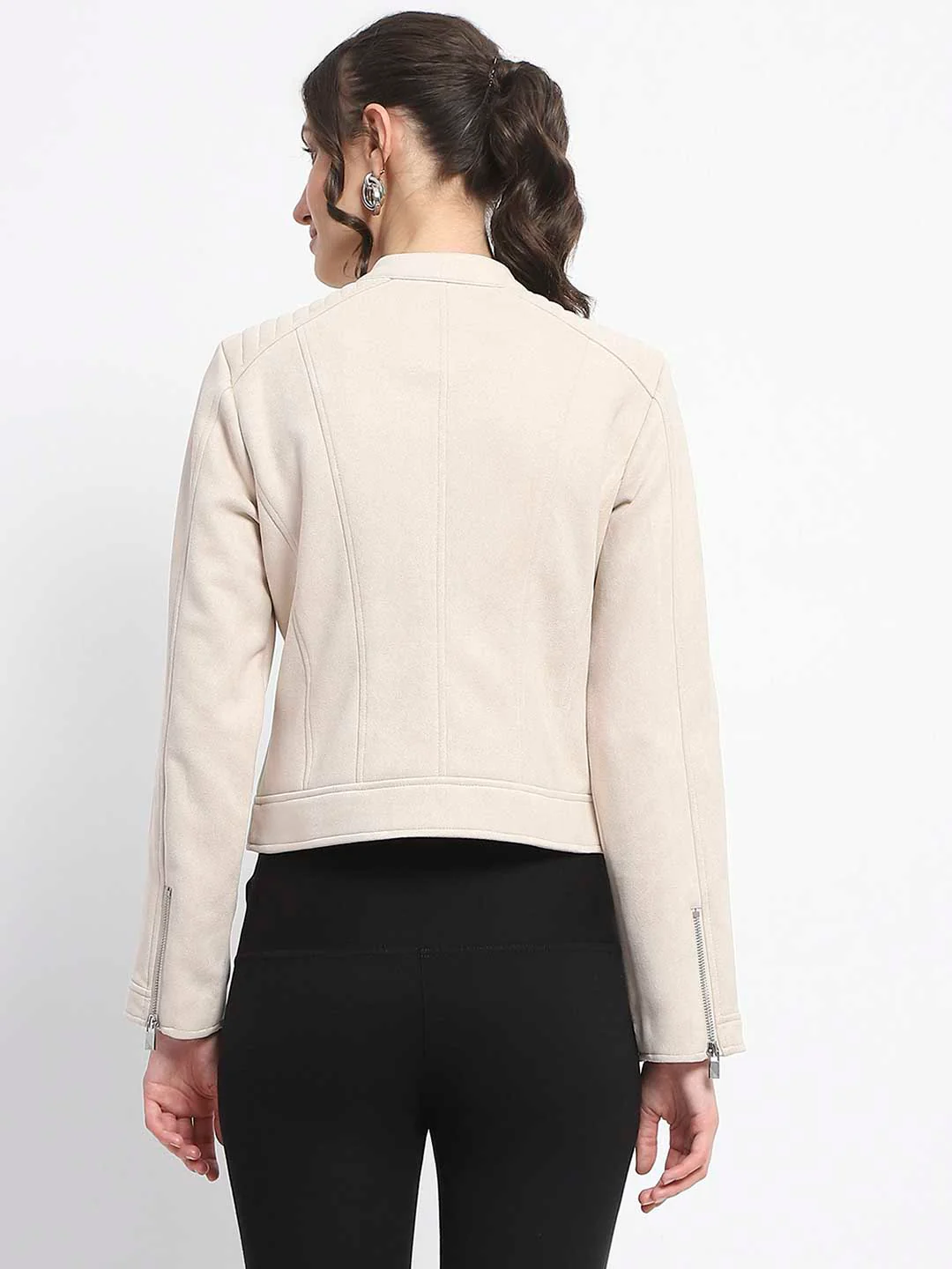 Madame Flap Collared Beige Suede Jacket - Image 6