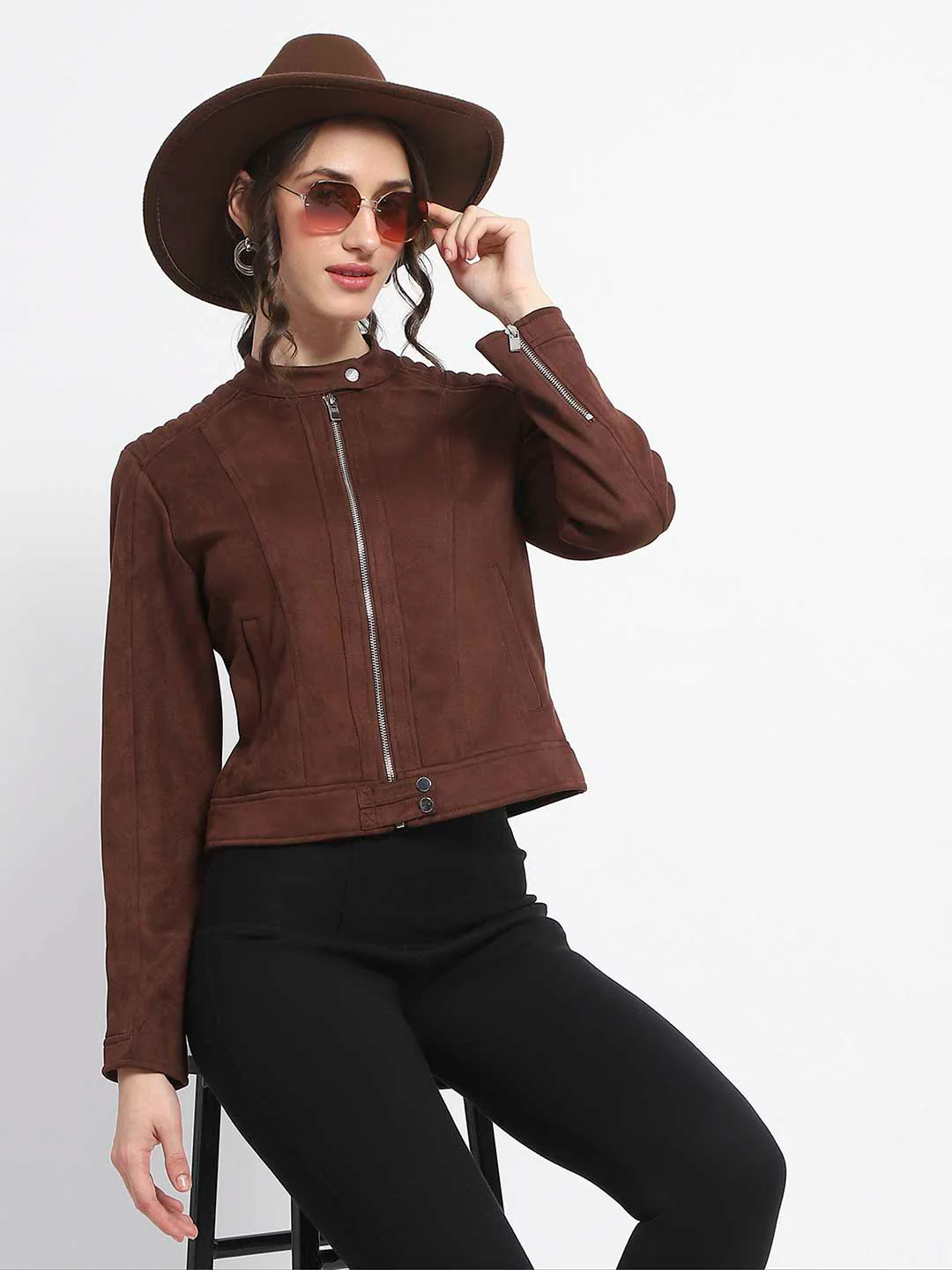Madame Flap Collared Coffee Suede Jacket