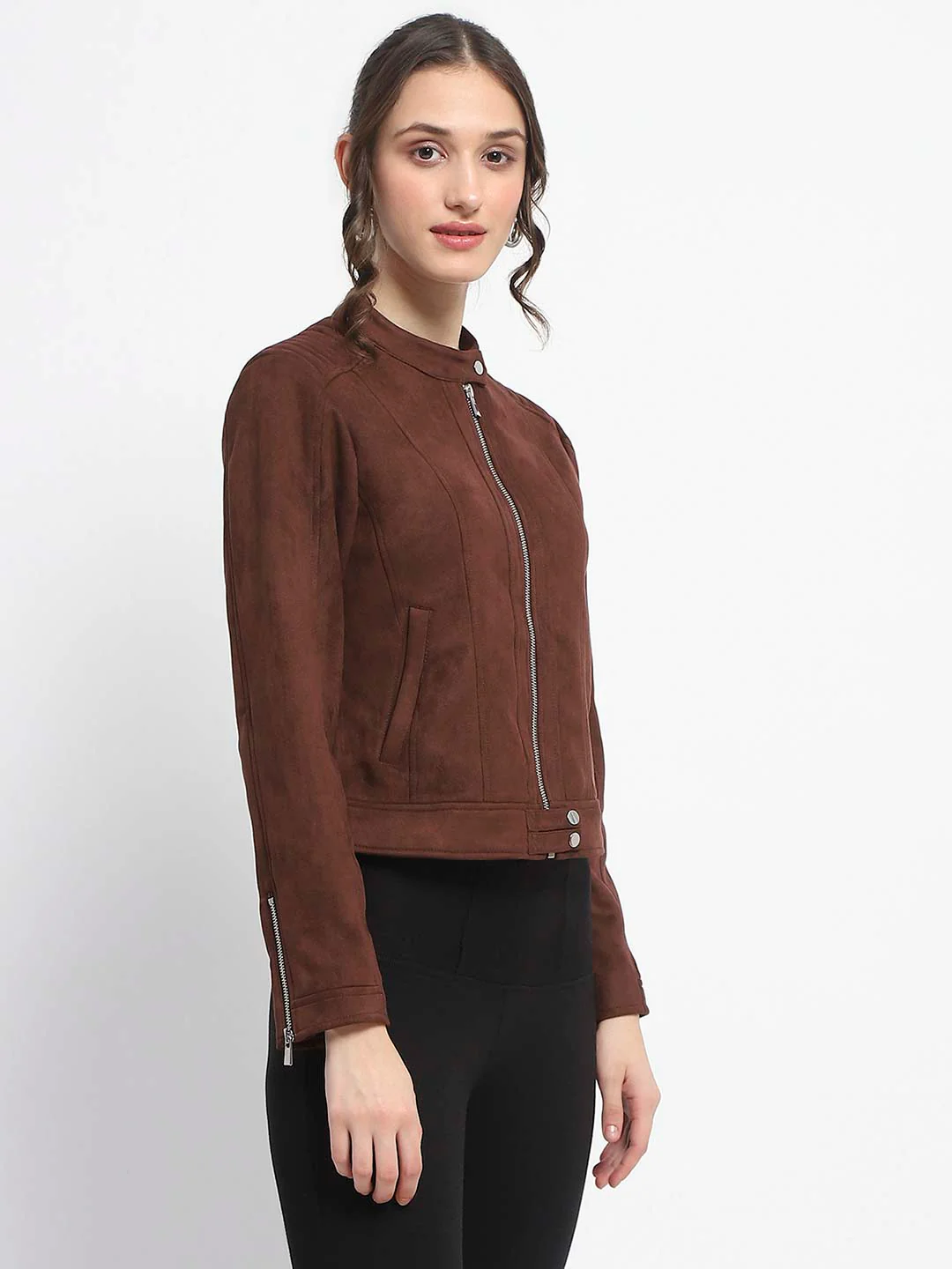 Madame Flap Collared Coffee Suede Jacket - Image 4