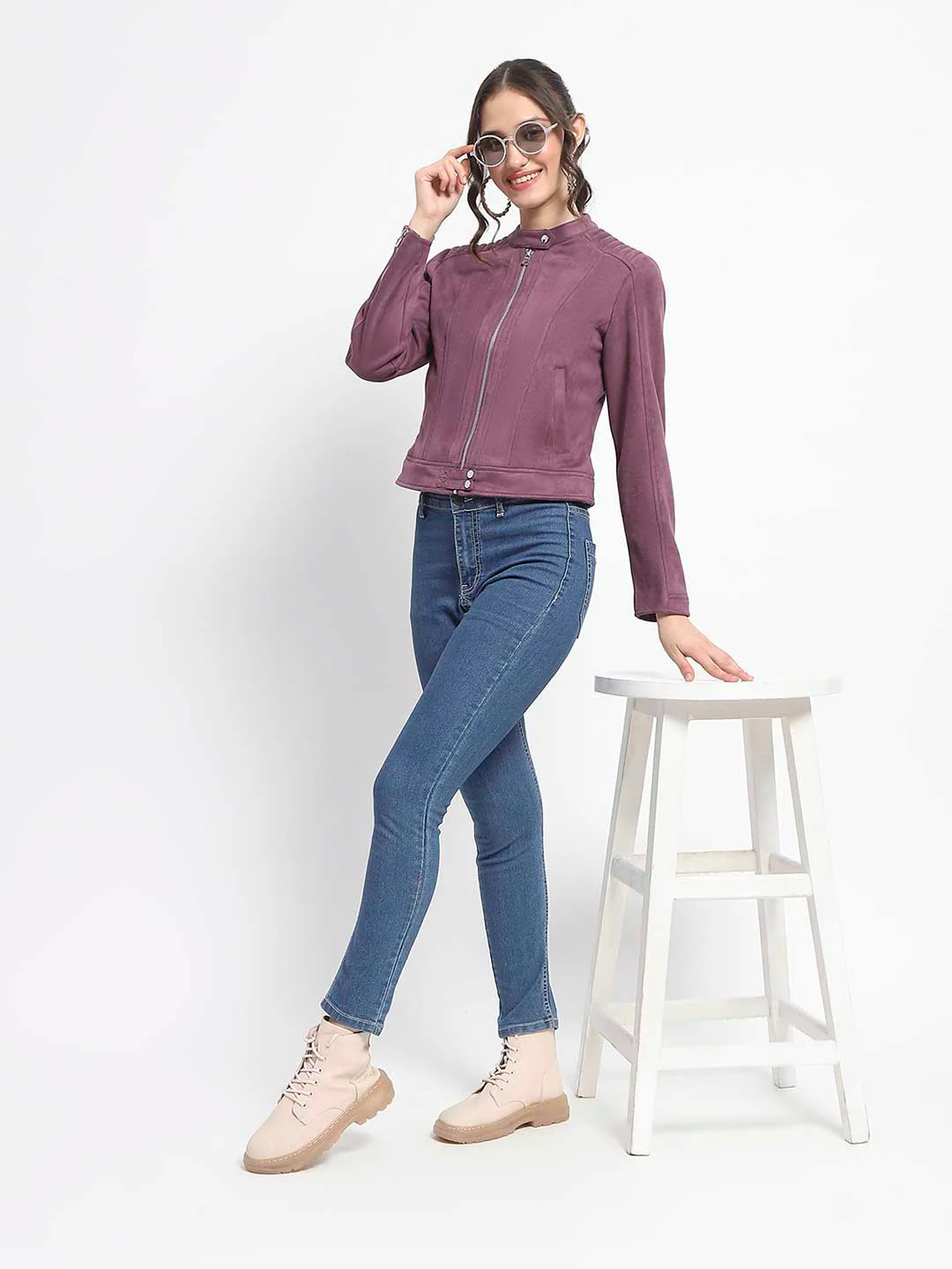 Madame Flap Collared Plum Suede Jacket - Image 2