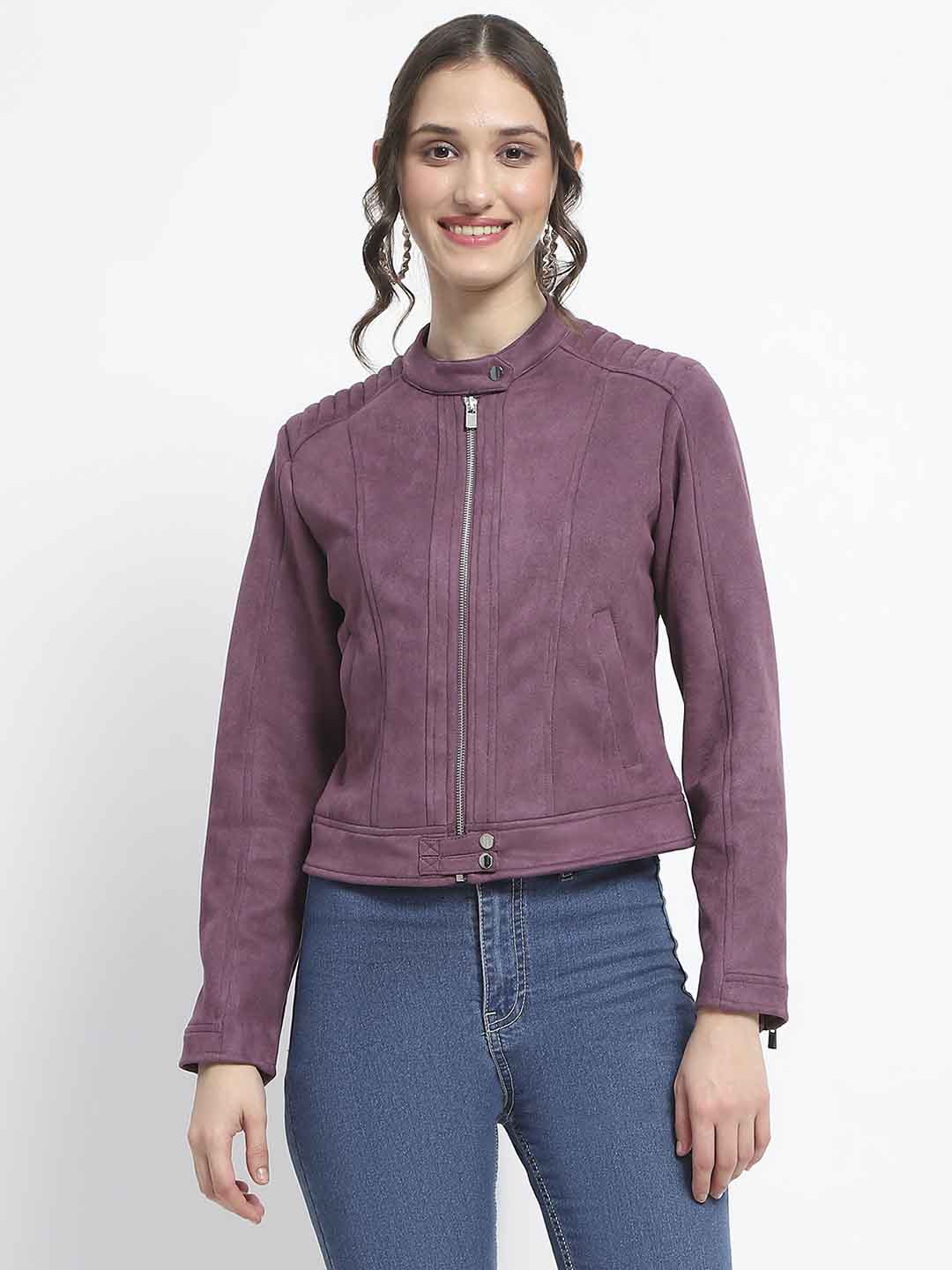 Madame Flap Collared Plum Suede Jacket - Image 3