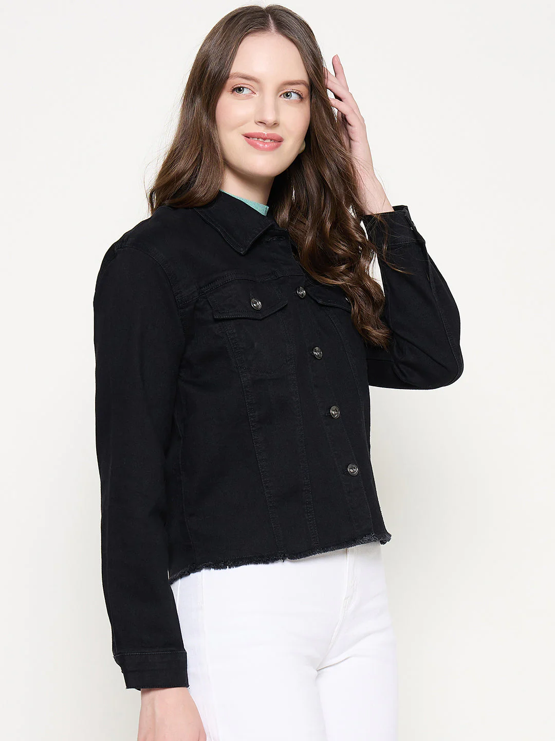 Madame Cotton Blend Jet Black Denim Jacket - Image 4