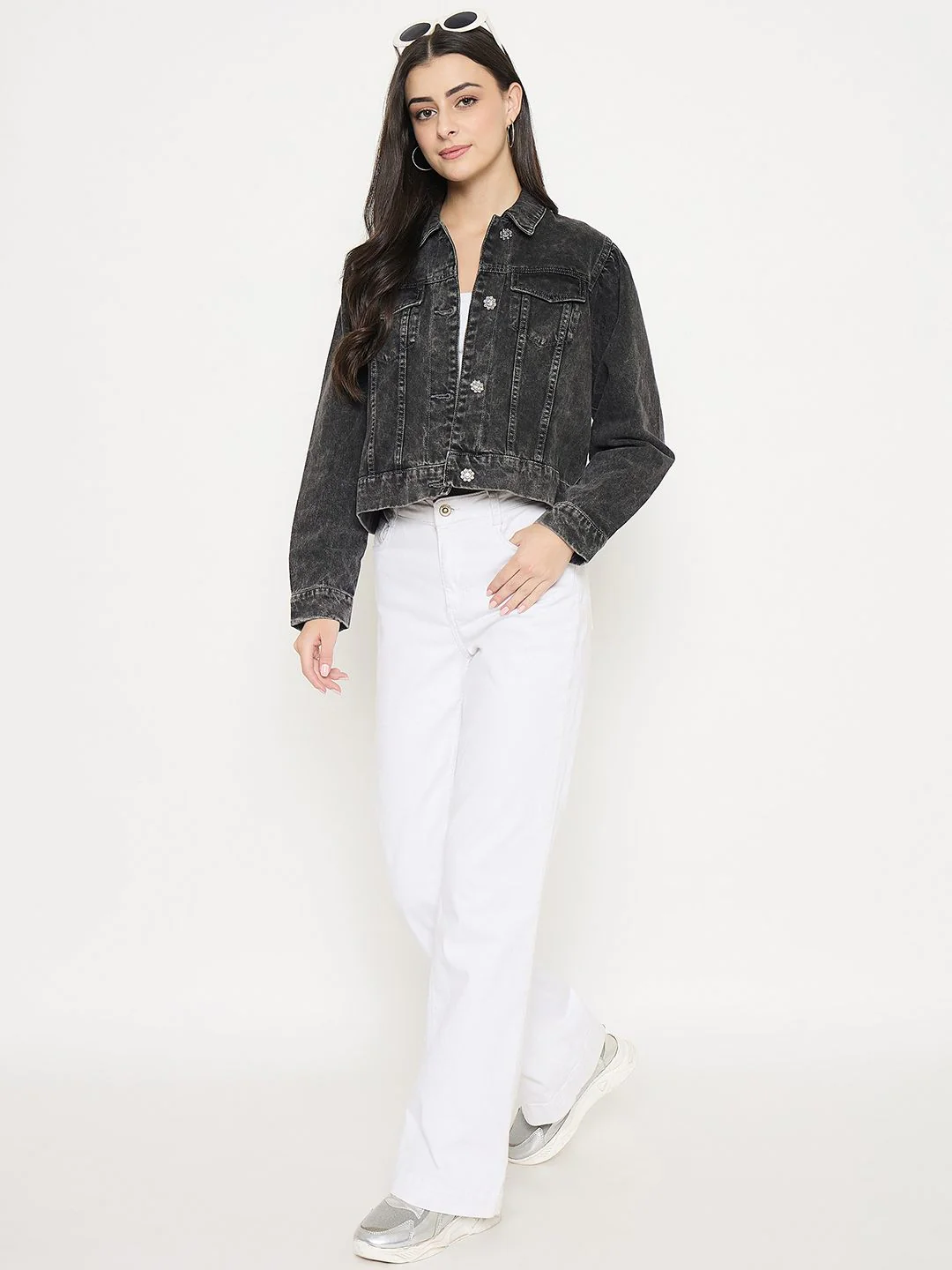 Madame Gray Wash Embellished Black Denim Jacket - Image 2