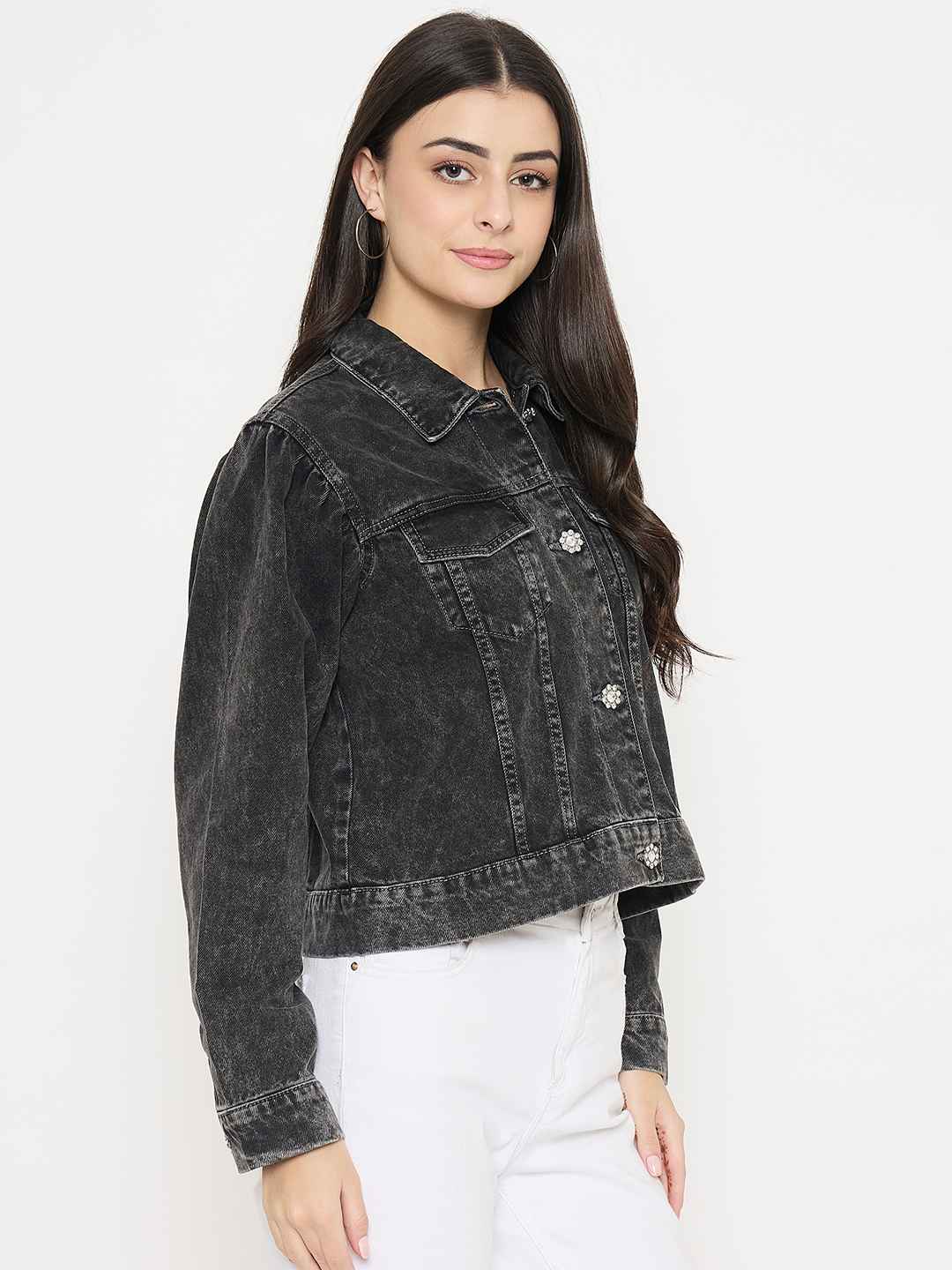 Madame Gray Wash Embellished Black Denim Jacket - Image 4