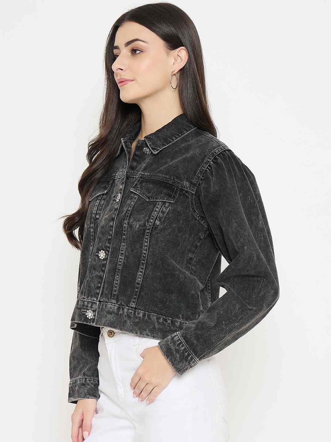 Madame Gray Wash Embellished Black Denim Jacket - Image 5