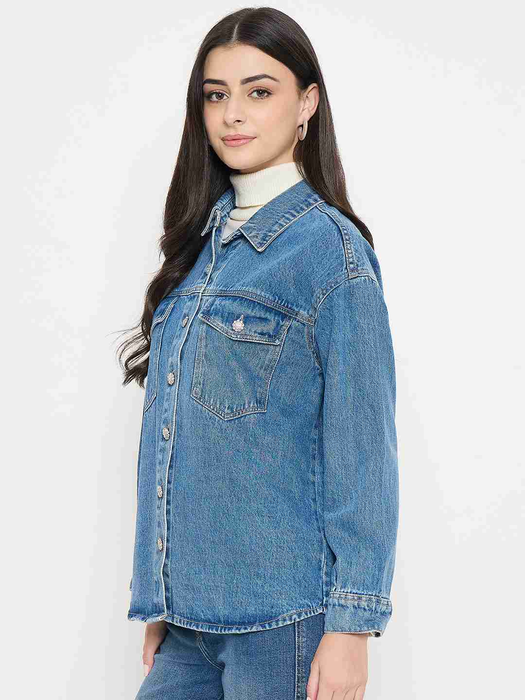 Madame Light Wash Embellished Blue Denim Jacket - Image 5