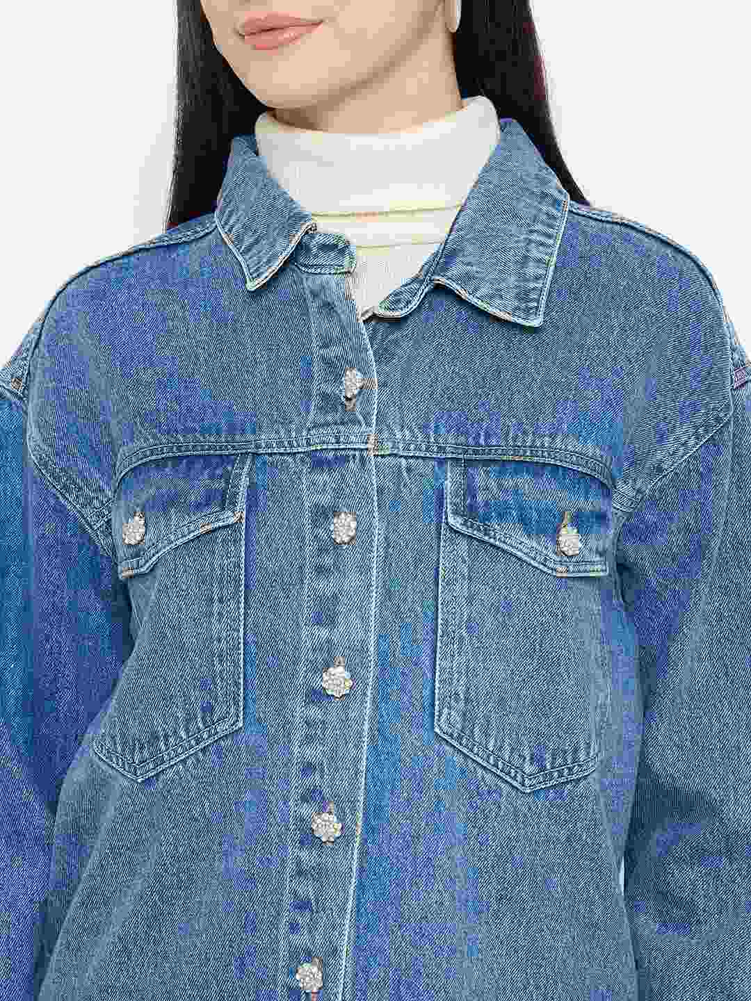 Madame Light Wash Embellished Blue Denim Jacket - Image 7
