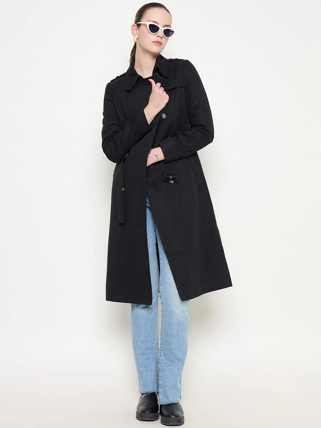 Madame Double Breasted Buckled Belt Black Trench Coat - Image 2