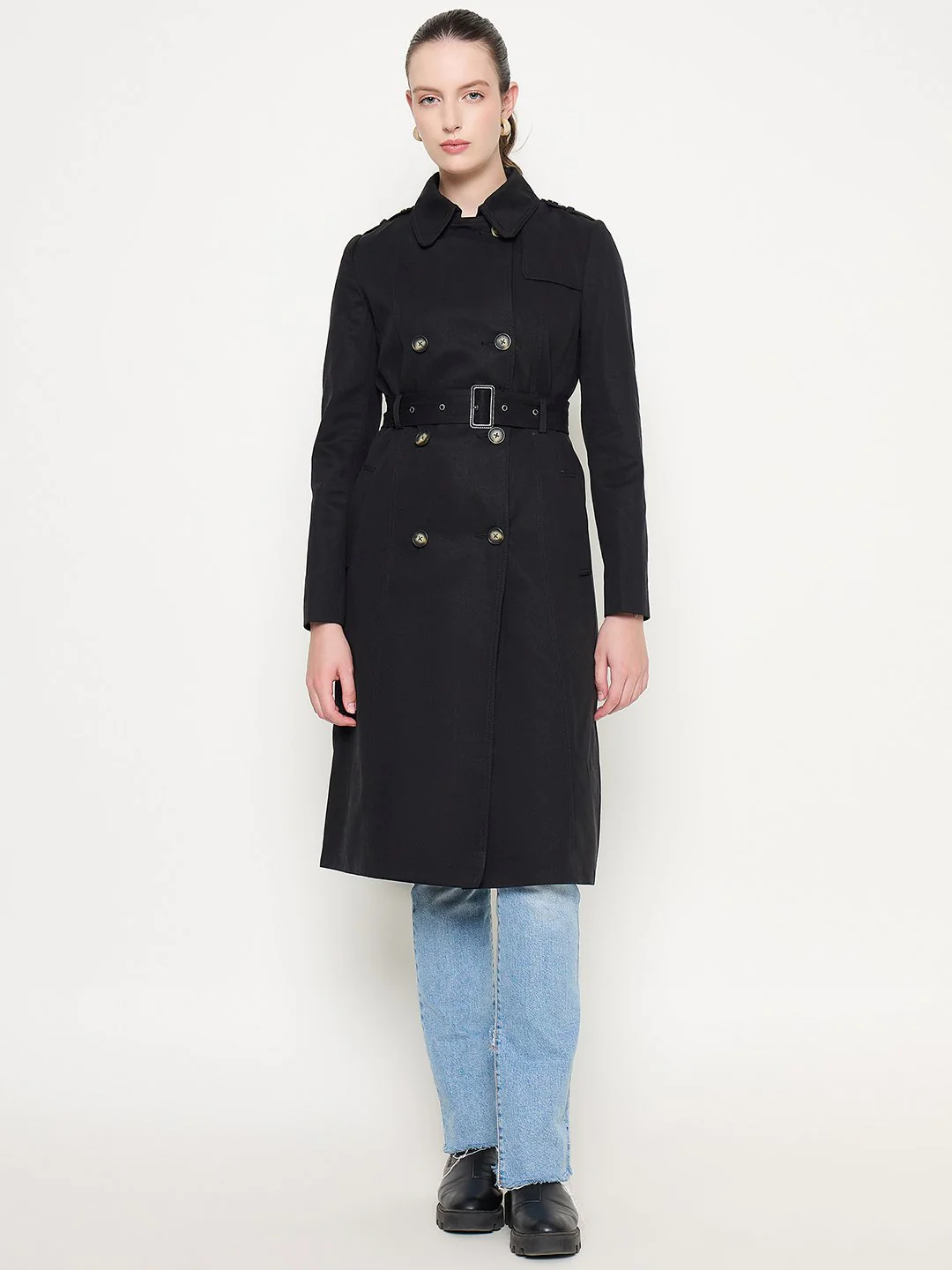 Madame Double Breasted Buckled Belt Black Trench Coat - Image 3