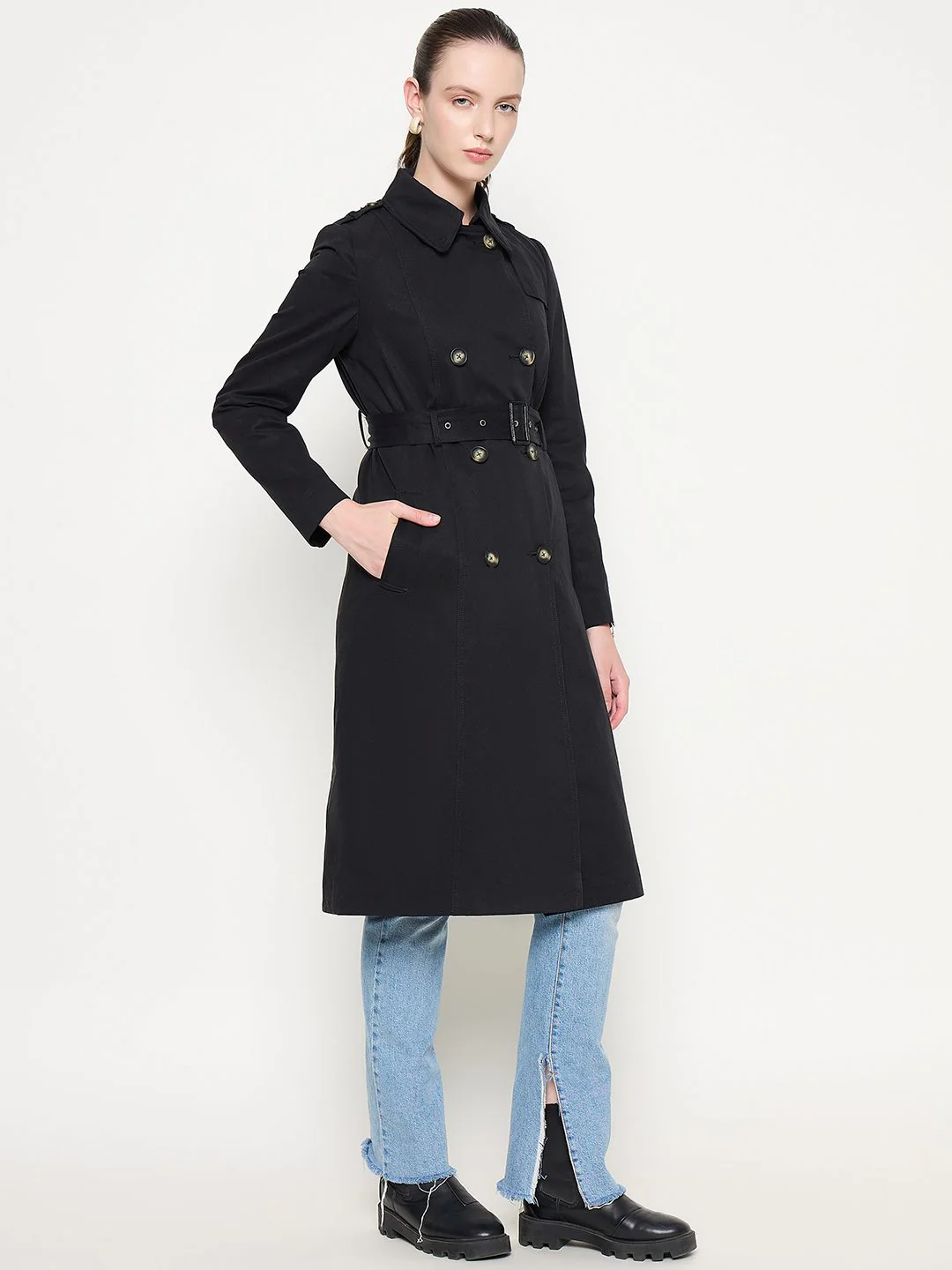 Madame Double Breasted Buckled Belt Black Trench Coat - Image 4