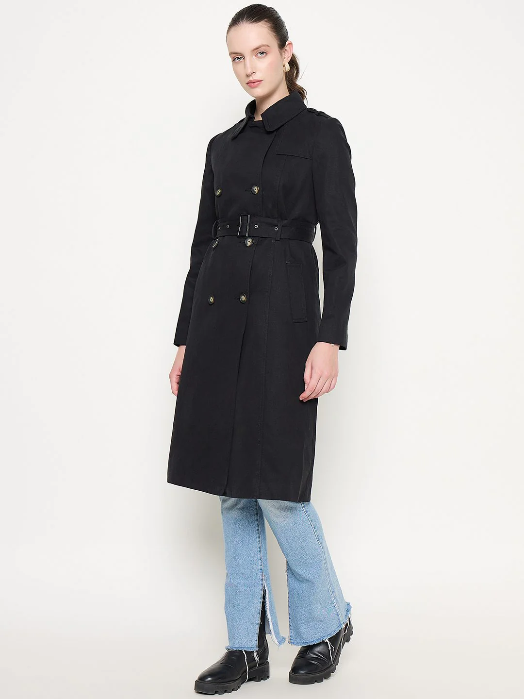 Madame Double Breasted Buckled Belt Black Trench Coat - Image 5
