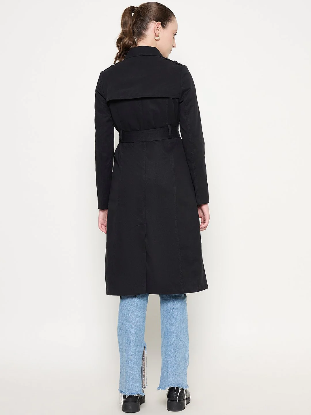 Madame Double Breasted Buckled Belt Black Trench Coat - Image 6