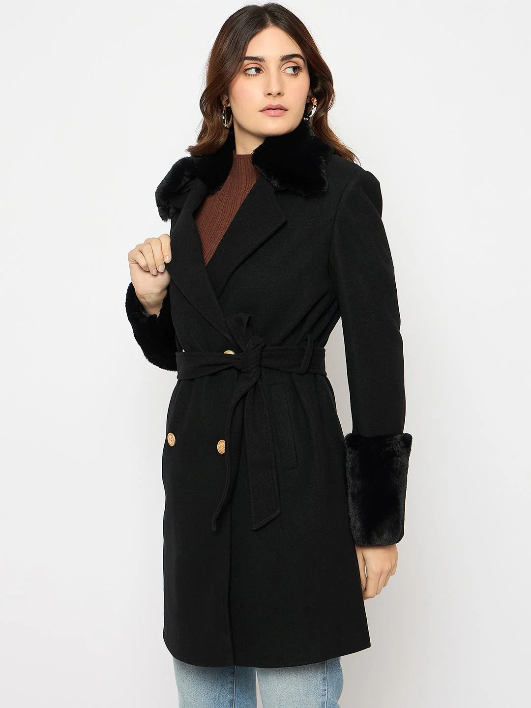 Madame Faux Fur Appliqué Double Breasted Black Long Coat - Image 5