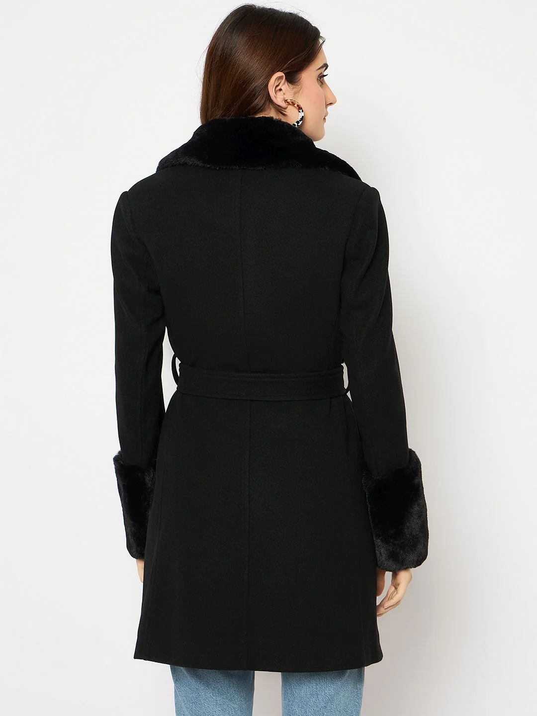 Madame Faux Fur Appliqué Double Breasted Black Long Coat - Image 6