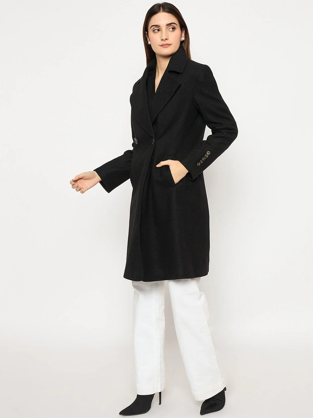 Madame Front Welt Pocketed Double Breasted Black Long Coat