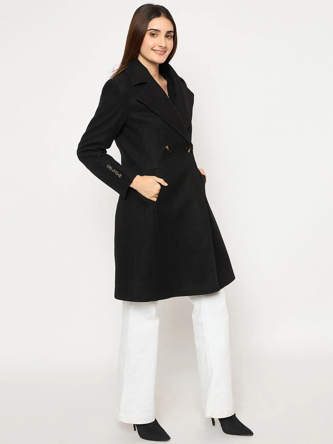 Madame Front Welt Pocketed Double Breasted Black Long Coat - Image 3