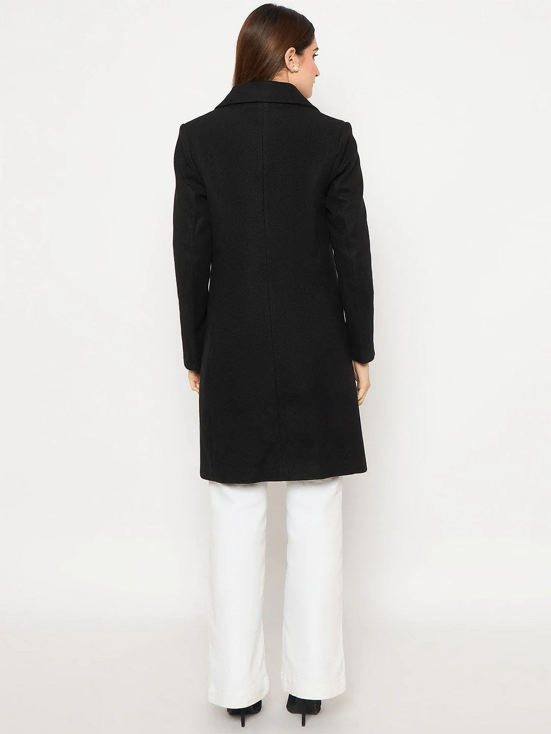 Madame Front Welt Pocketed Double Breasted Black Long Coat - Image 4