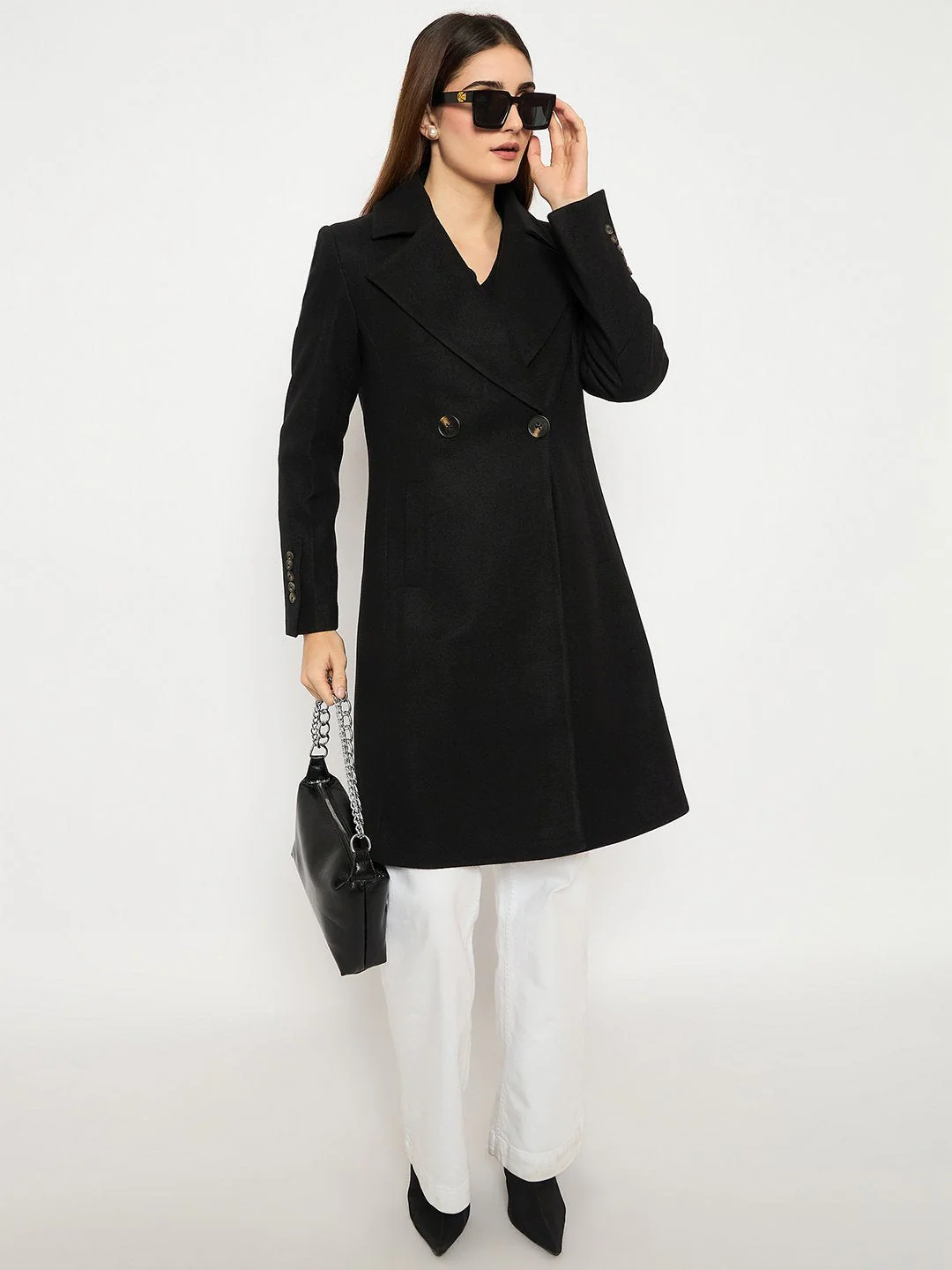 Madame Front Welt Pocketed Double Breasted Black Long Coat - Image 5