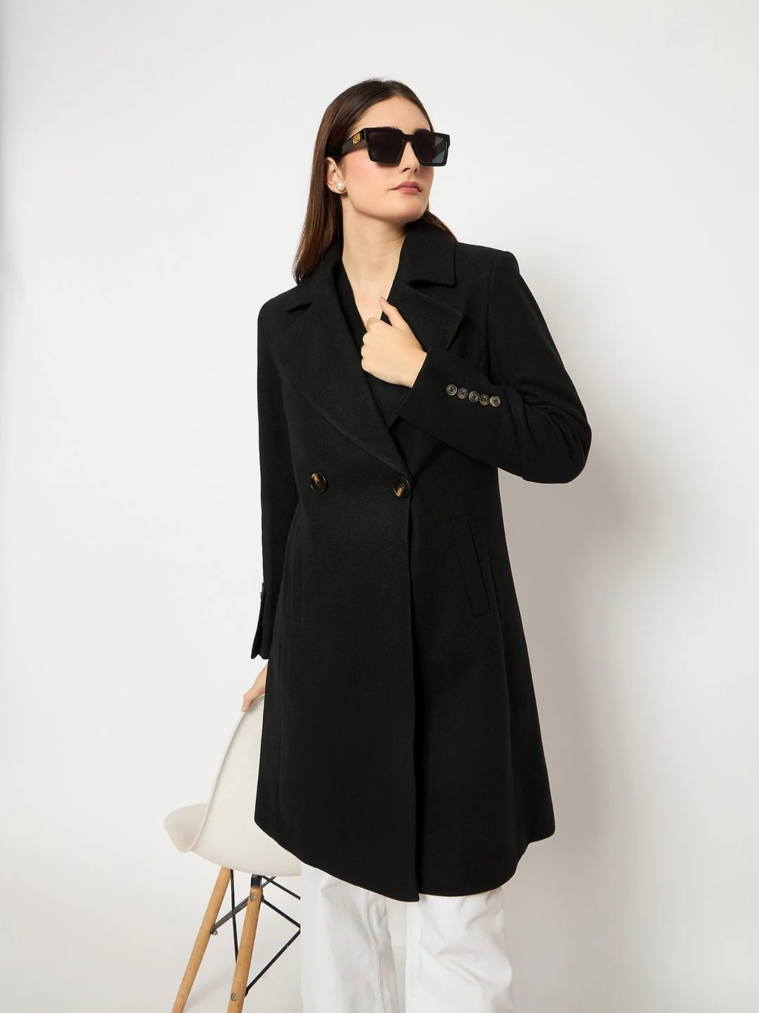Madame Front Welt Pocketed Double Breasted Black Long Coat - Image 6