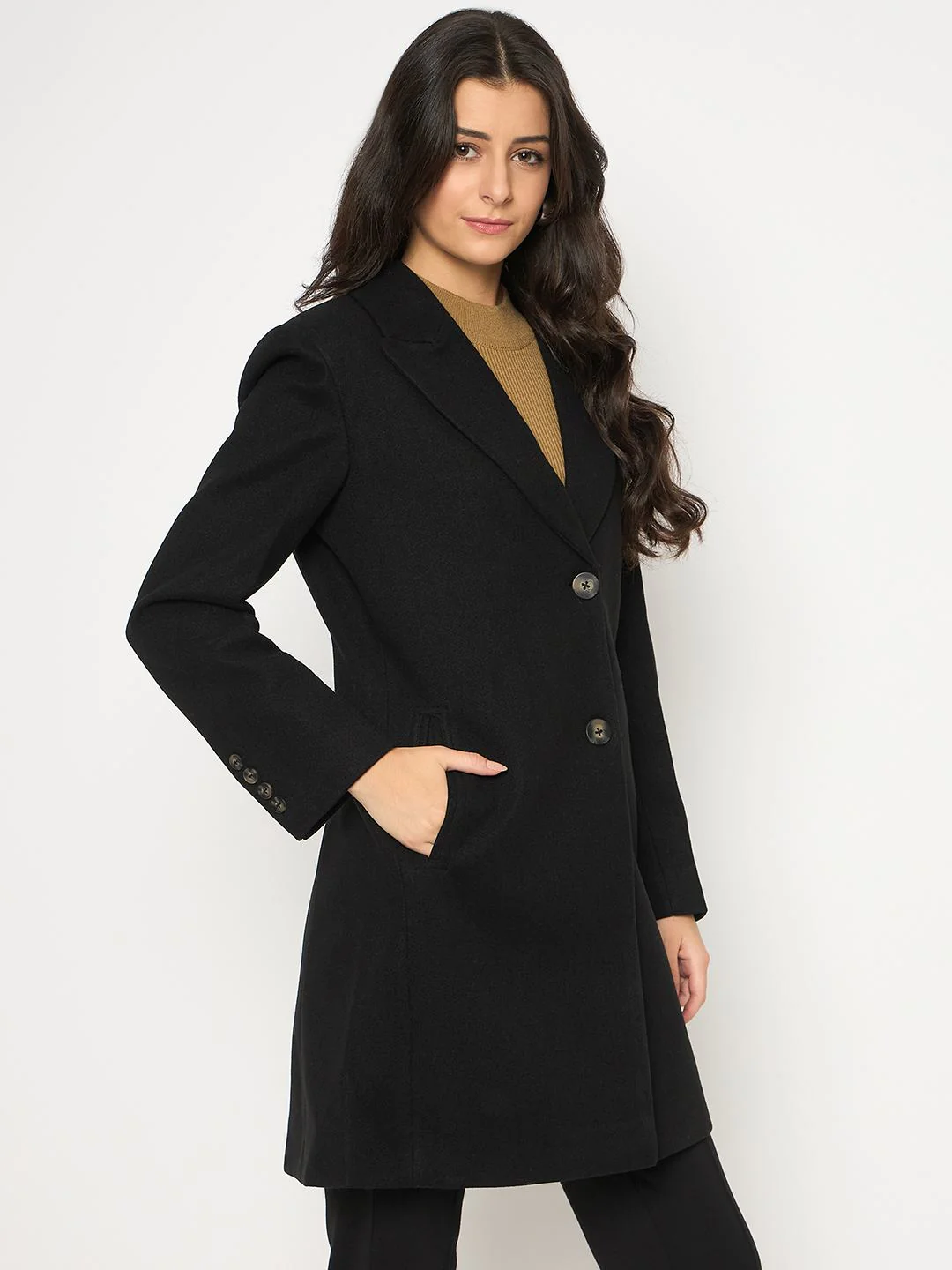 Madame Mélange Lapel Notched Front Pocketed Black Long Coat - Image 4