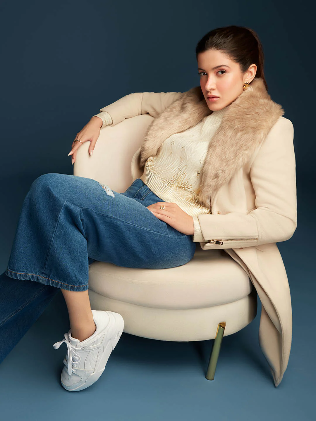 Madame Belted Off White Plush Fur Lapels Long Coat