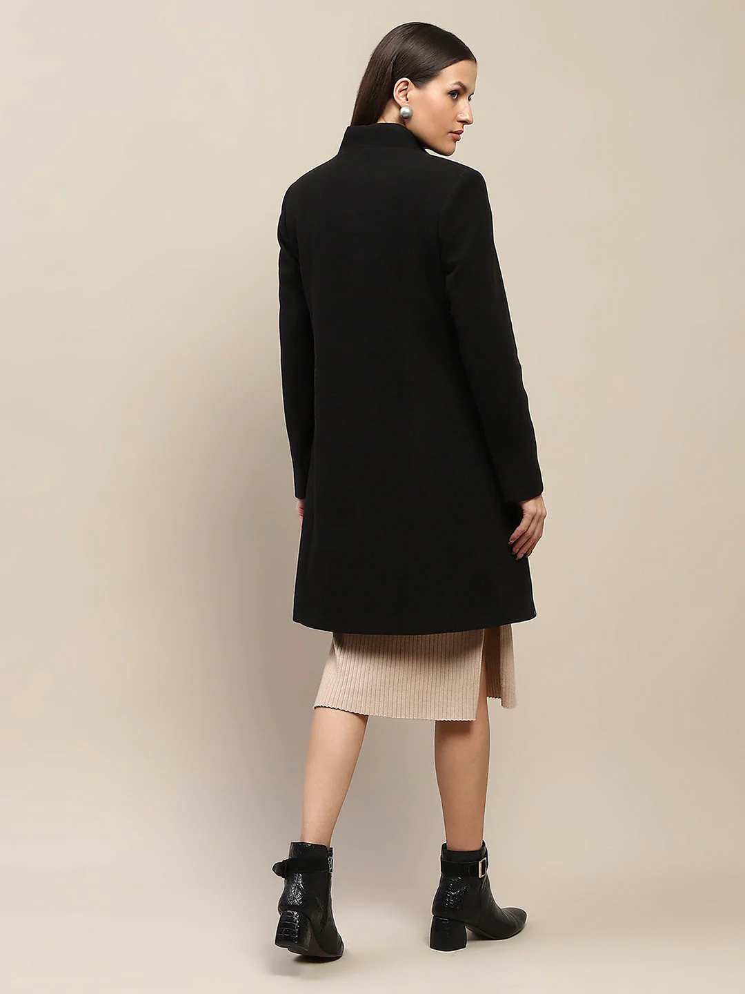 Madame Melange Side Inseam Pocketed Black Long Coat - Image 5