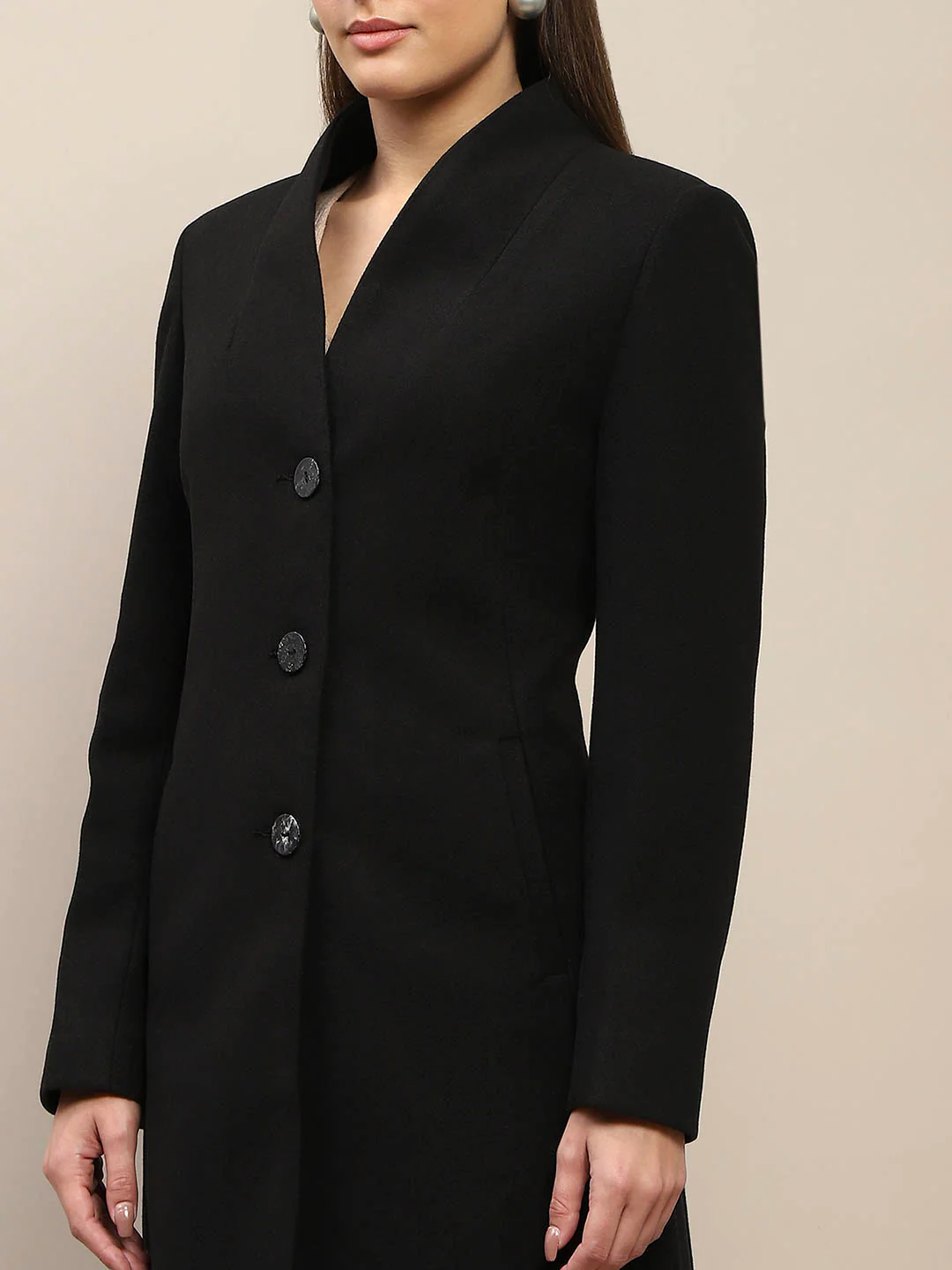 Madame Melange Side Inseam Pocketed Black Long Coat - Image 6
