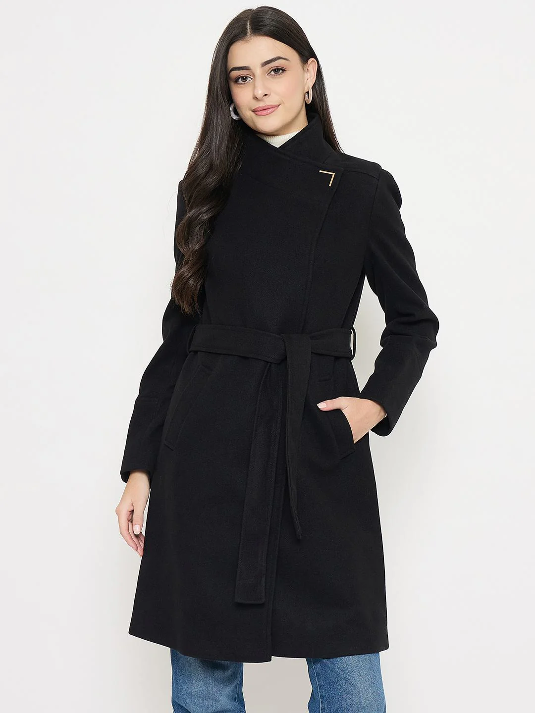 Madame Solid Black Long Coat - Image 3