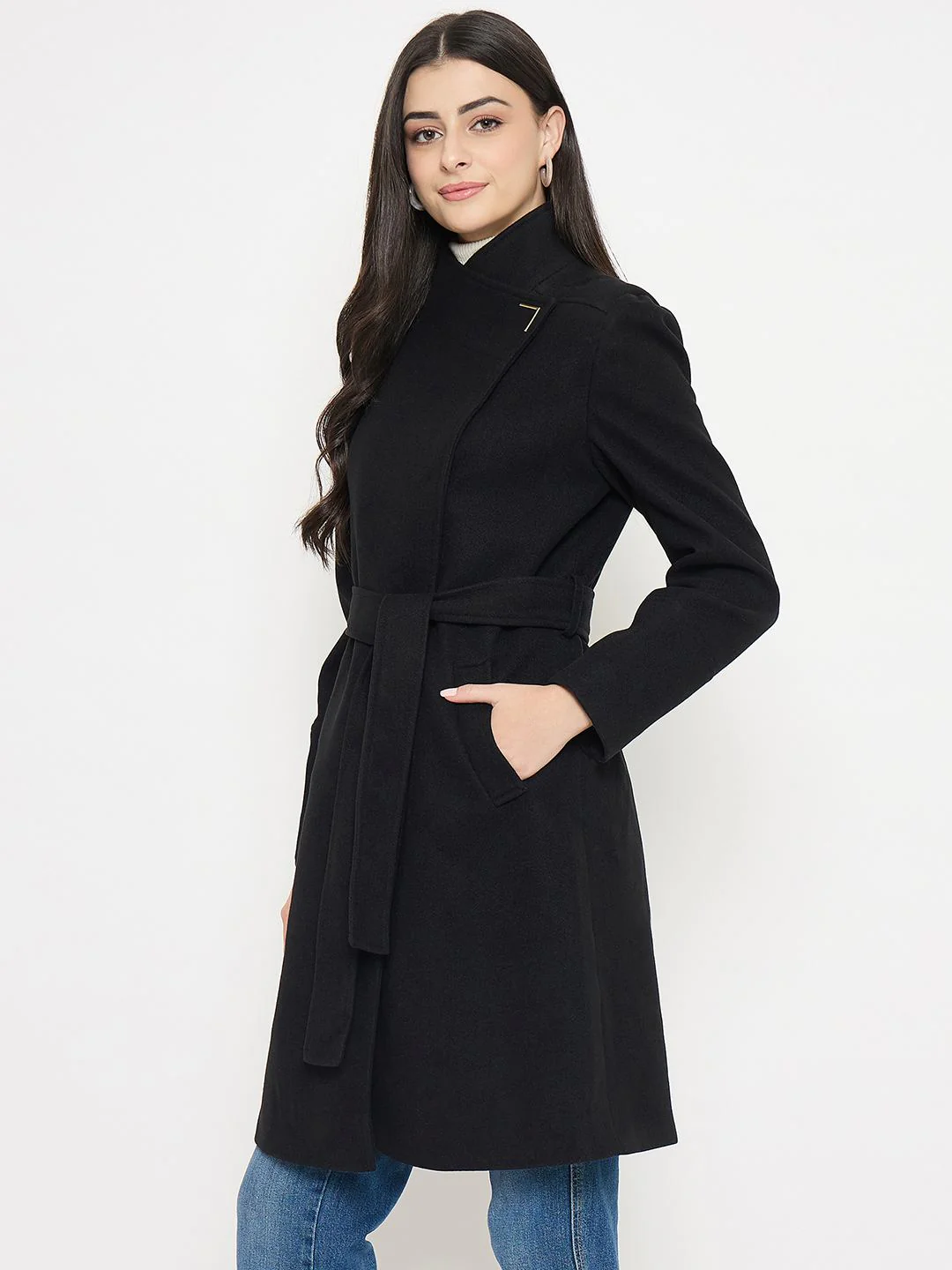 Madame Solid Black Long Coat - Image 5