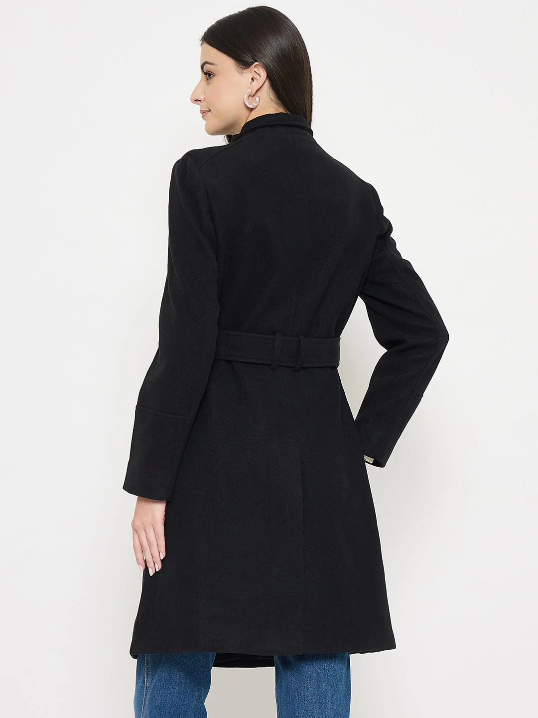 Madame Solid Black Long Coat - Image 6