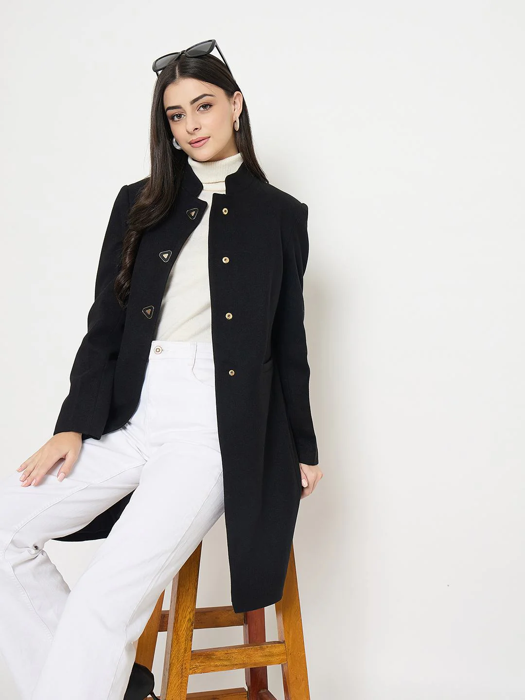 Madame Button Up Solid Black Long Coat - Image 2