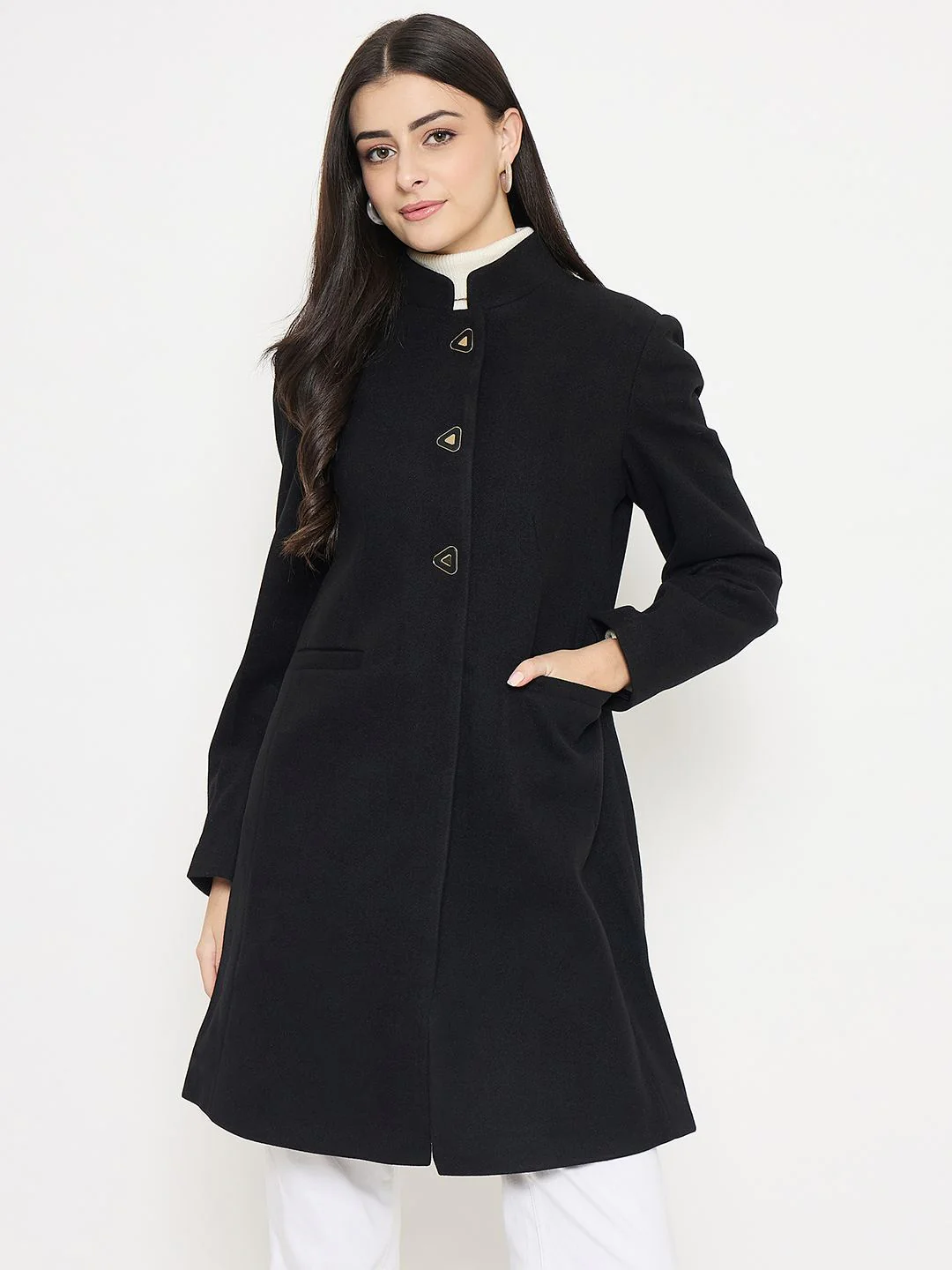 Madame Button Up Solid Black Long Coat - Image 3