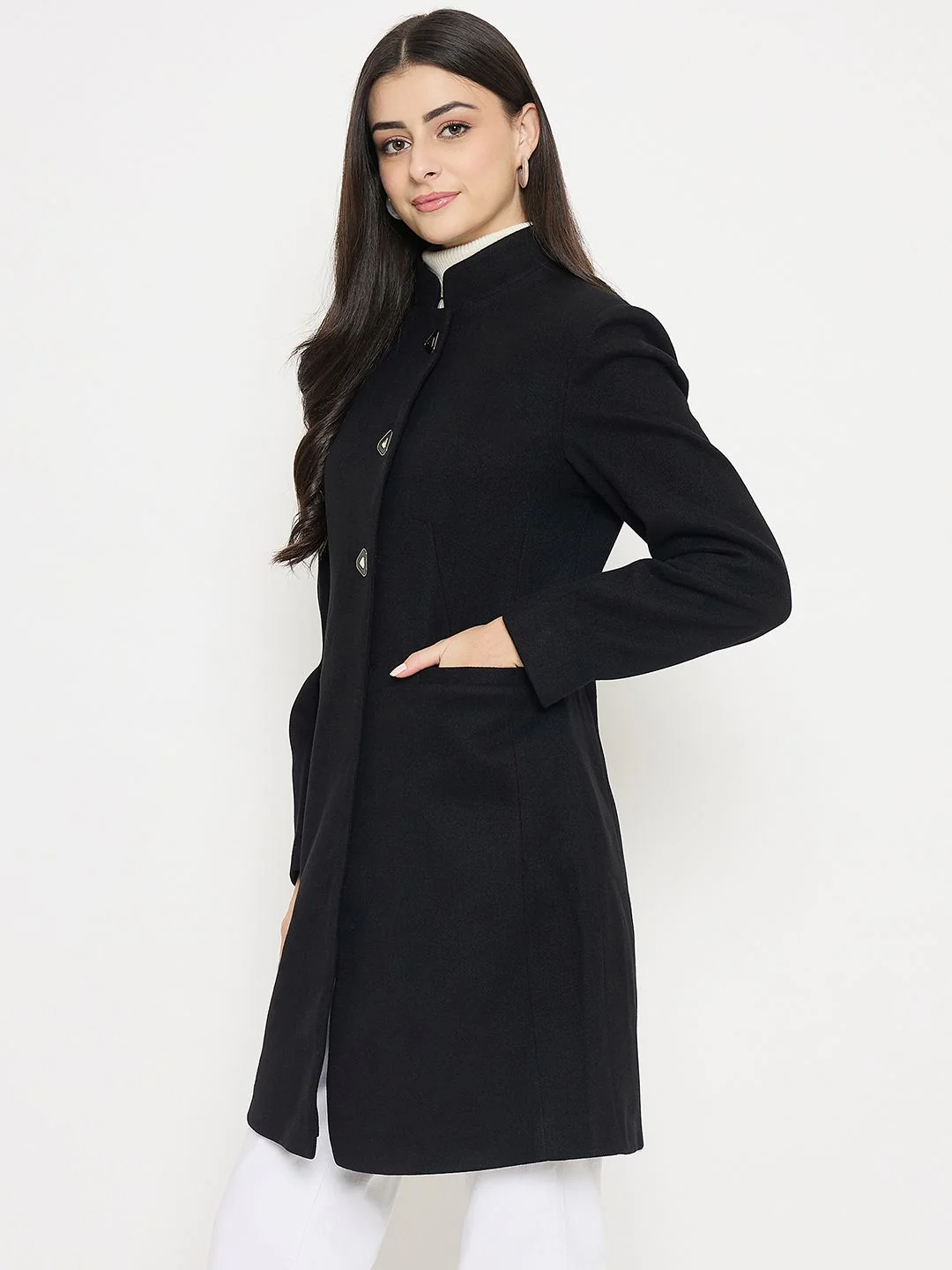 Madame Button Up Solid Black Long Coat - Image 5