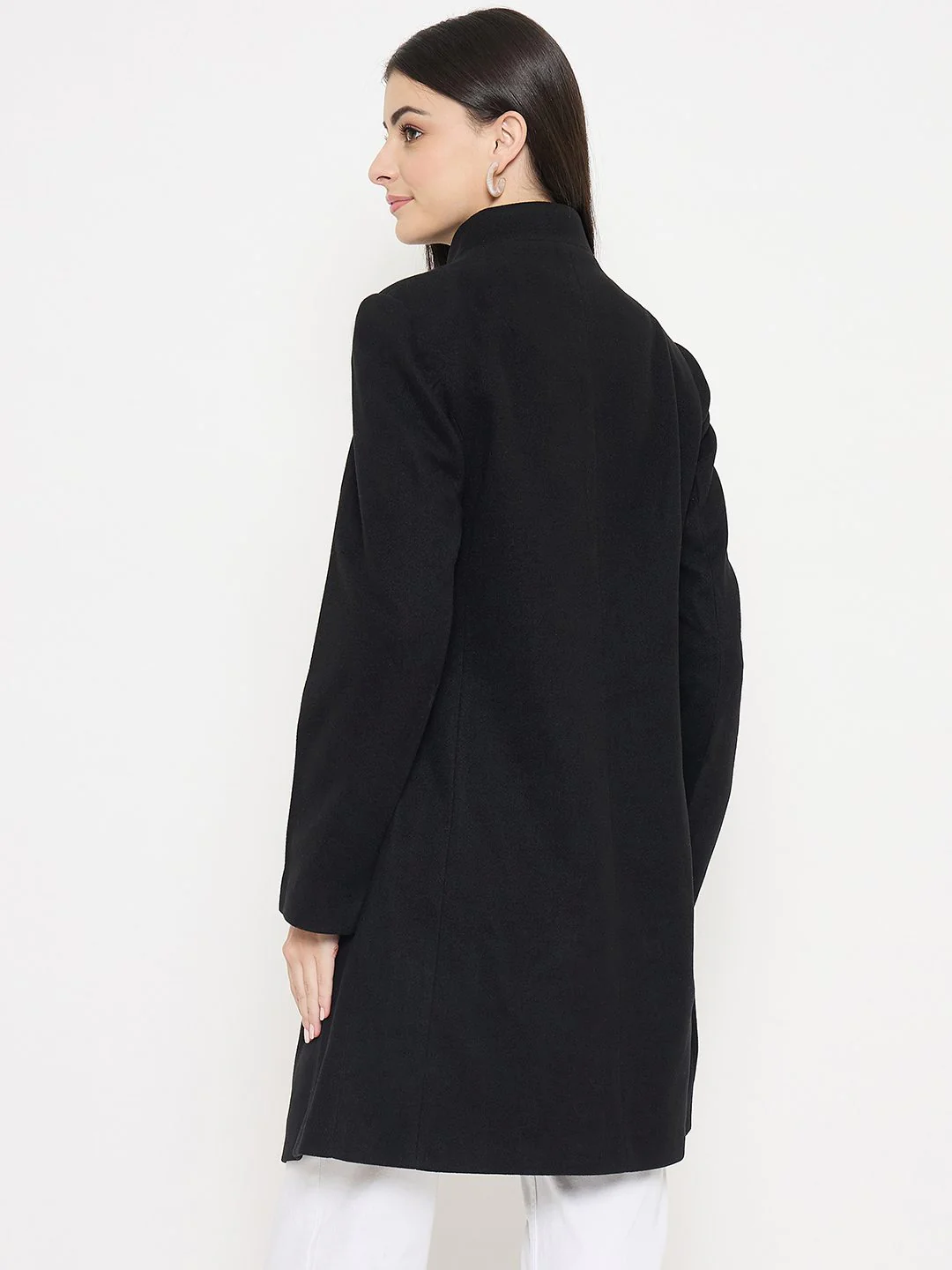 Madame Button Up Solid Black Long Coat - Image 6