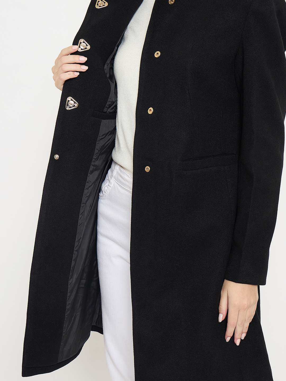 Madame Button Up Solid Black Long Coat - Image 7