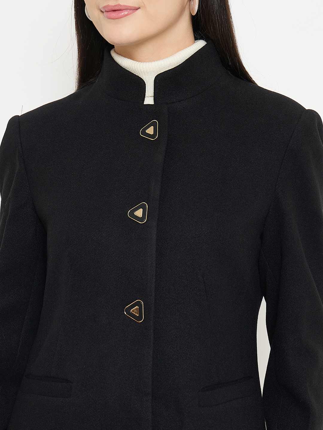 Madame Button Up Solid Black Long Coat - Image 8