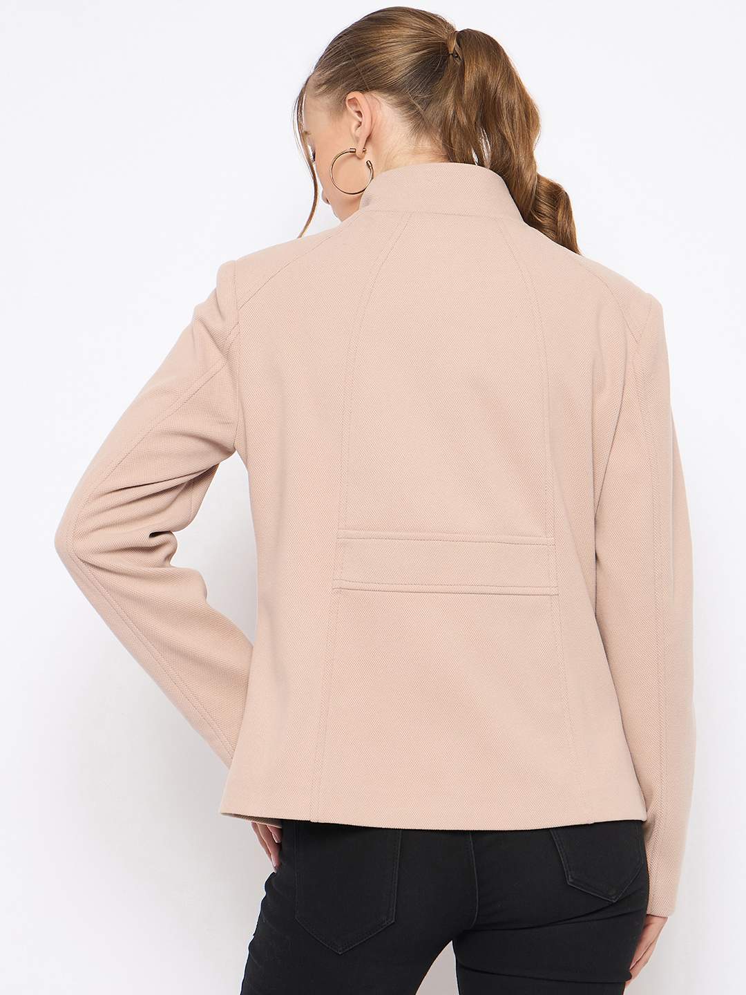 Madame Textured High Neck Beige Short Coat - Image 6