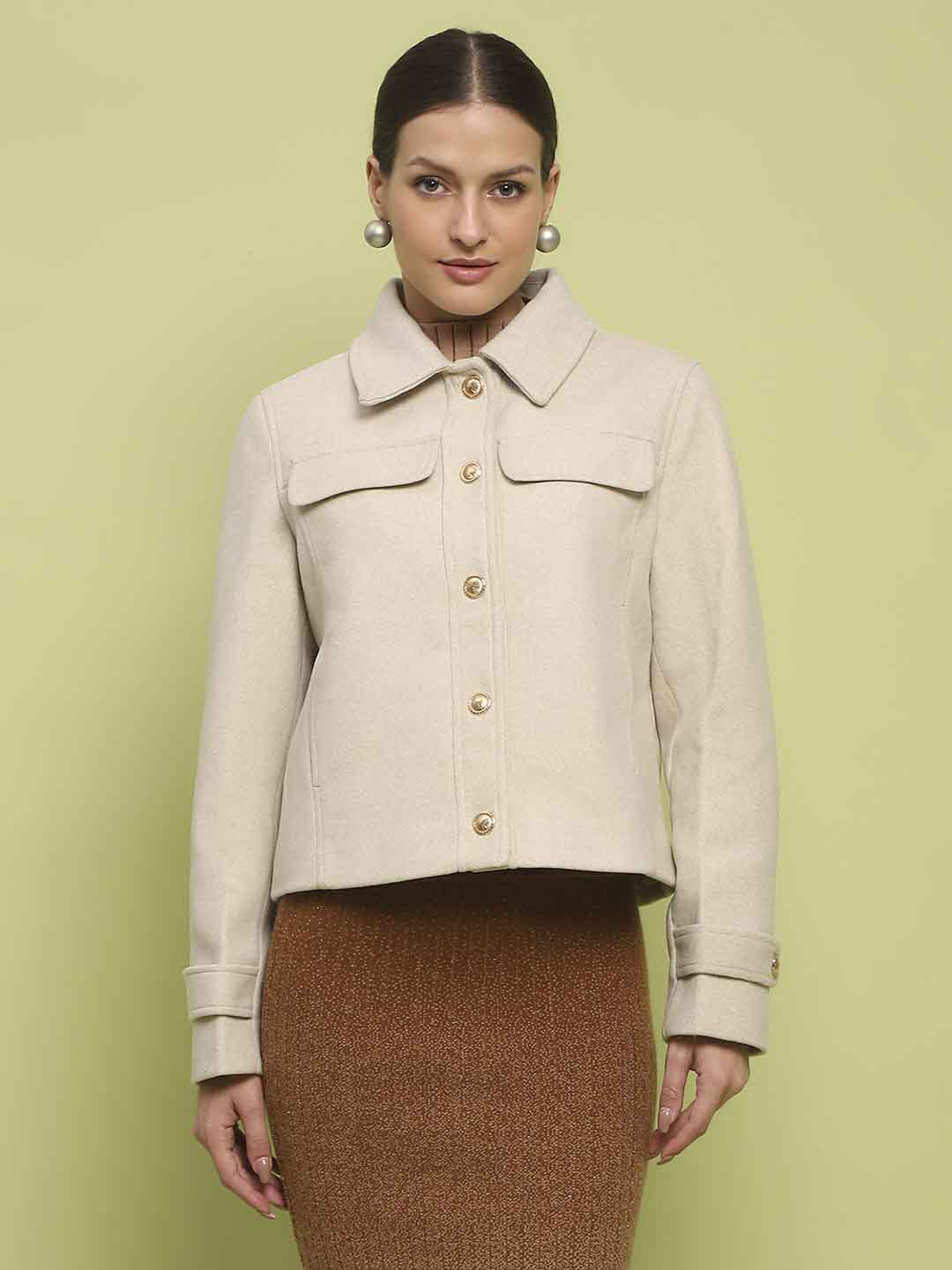 Madame Button Down Collared Off White Short Coat - Image 3