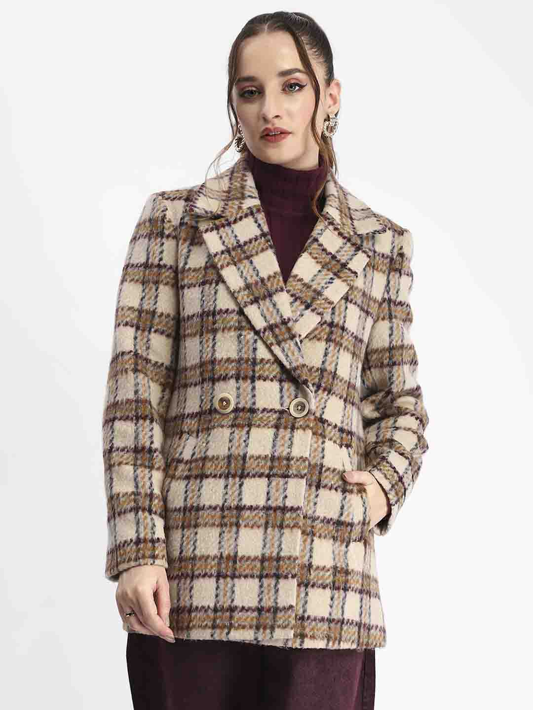 Madame Plaid Lapel Collared Welt Pocketed Beige Coat - Image 3