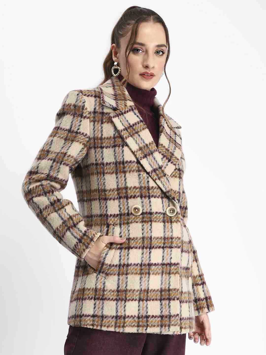 Madame Plaid Lapel Collared Welt Pocketed Beige Coat - Image 4